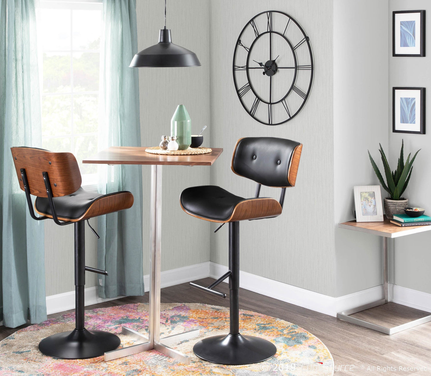 Lombardi Mid-Century Modern Adjustable Barstool with Swivel in Black Metal, Walnut Wood and Black Faux Leather By LumiSource - Set of 2 | Bar Stools | Modishstore