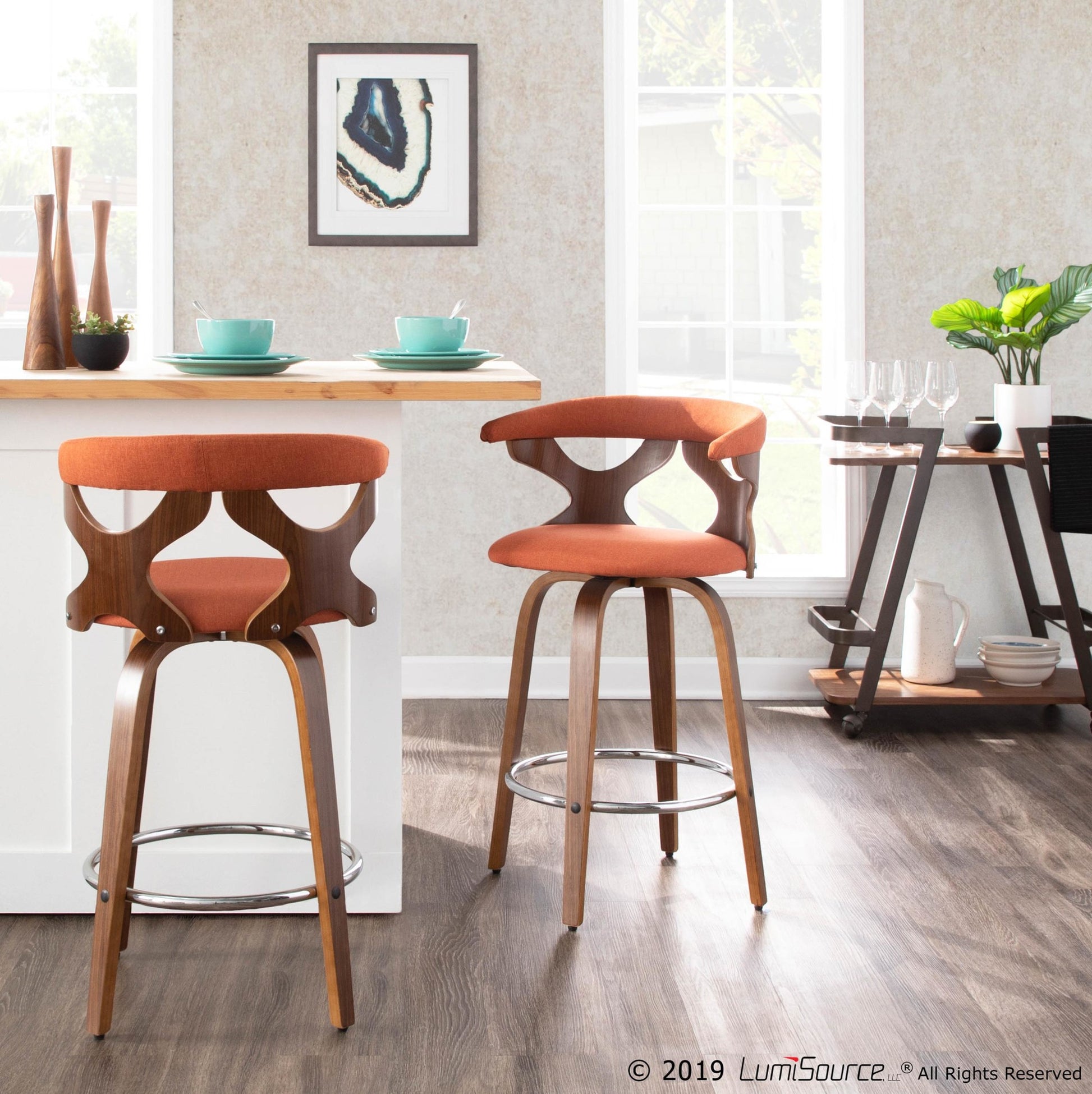 Gardenia 26" Mid-Century Modern Fixed Height Counter Stool with Swivel in Walnut and Orange Fabric By LumiSource - Set of 2 | Counter Stools | Modishstore