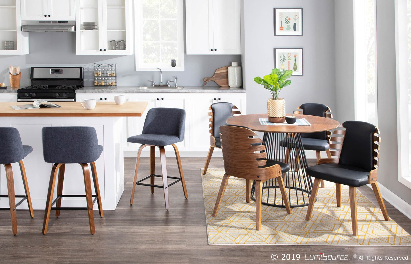 Toriano Mid-Century Modern Counter Stool in Walnut and Blue Fabric By LumiSource - Set of 2 | Counter Stools | Modishstore