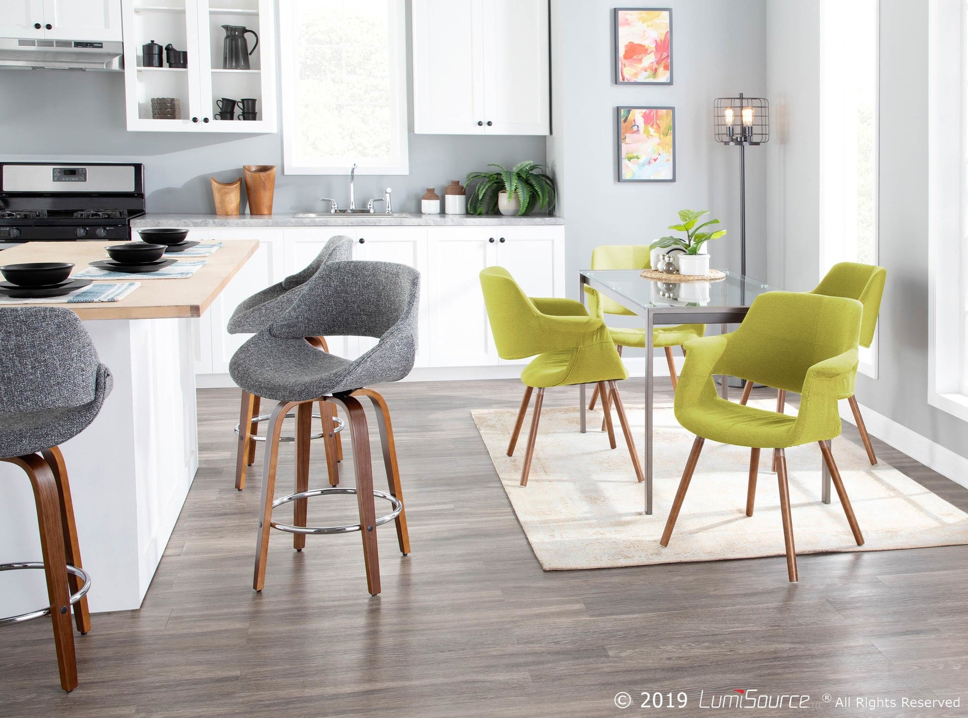 Fabrico Mid-Century Modern Counter Stool in Walnut and Blue Noise Fabric By LumiSource - Set of 2 | Counter Stools | Modishstore - 29