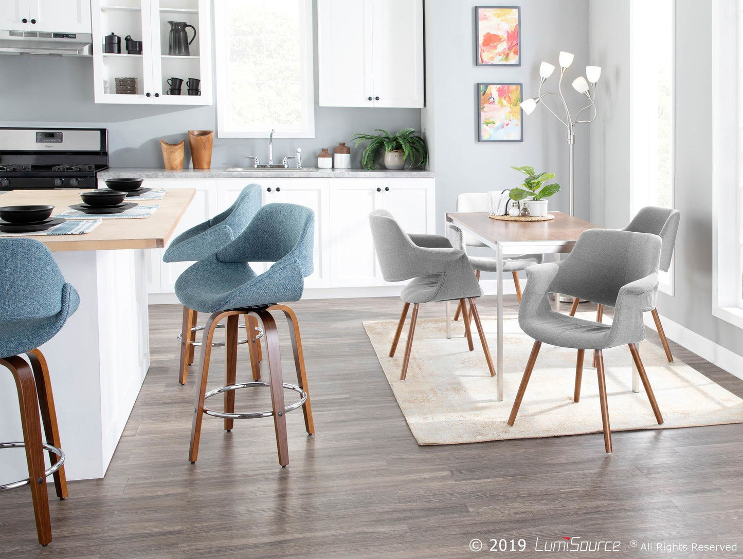 Fabrico Mid-Century Modern Counter Stool in Walnut and Blue Noise Fabric By LumiSource - Set of 2 | Counter Stools | Modishstore - 6