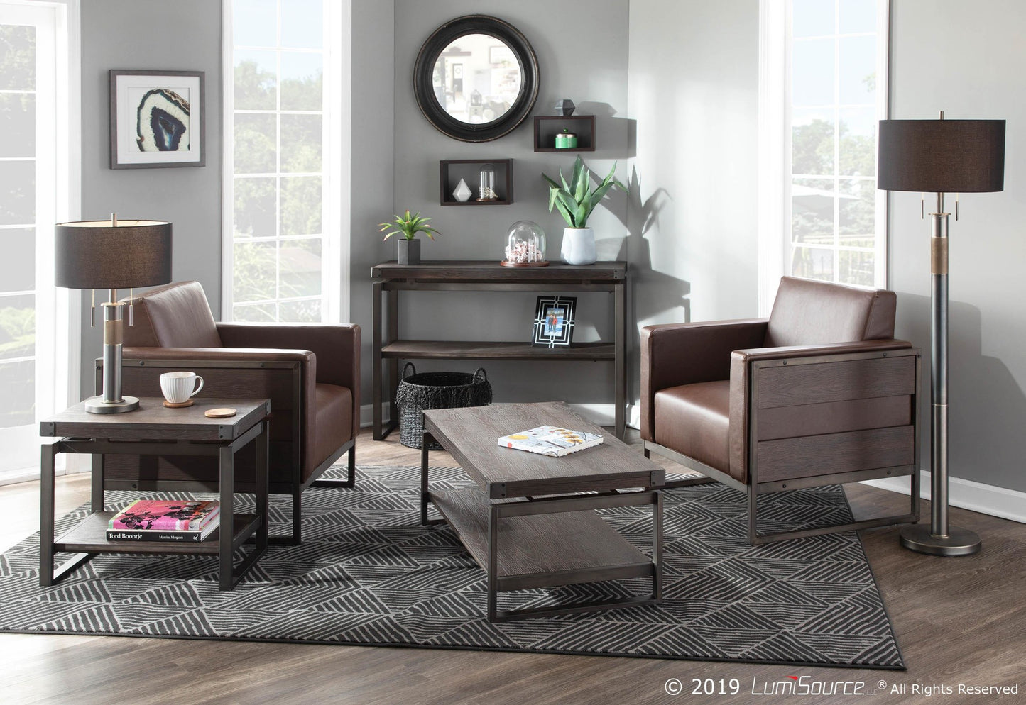 Drift Industrial Lounge Chair in Antique Metal with Brown Faux Leather and Espresso Wood By LumiSource | Side Chairs | Modishstore - 5