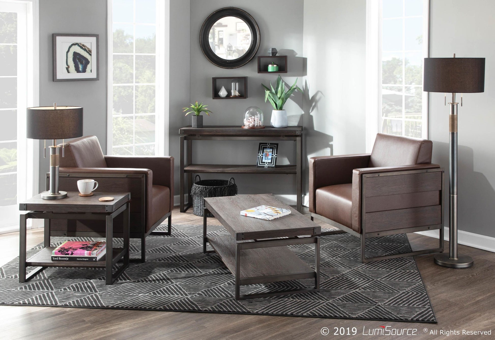 Drift Industrial Lounge Chair in Antique Metal with Brown Faux Leather and Espresso Wood By LumiSource | Side Chairs | Modishstore - 5