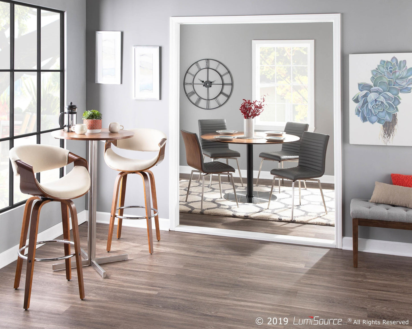 Curvini Mid-Century Modern Barstool in Walnut Wood and Blue Fabric By LumiSource - Set of 2 | Bar Stools | Modishstore - 16