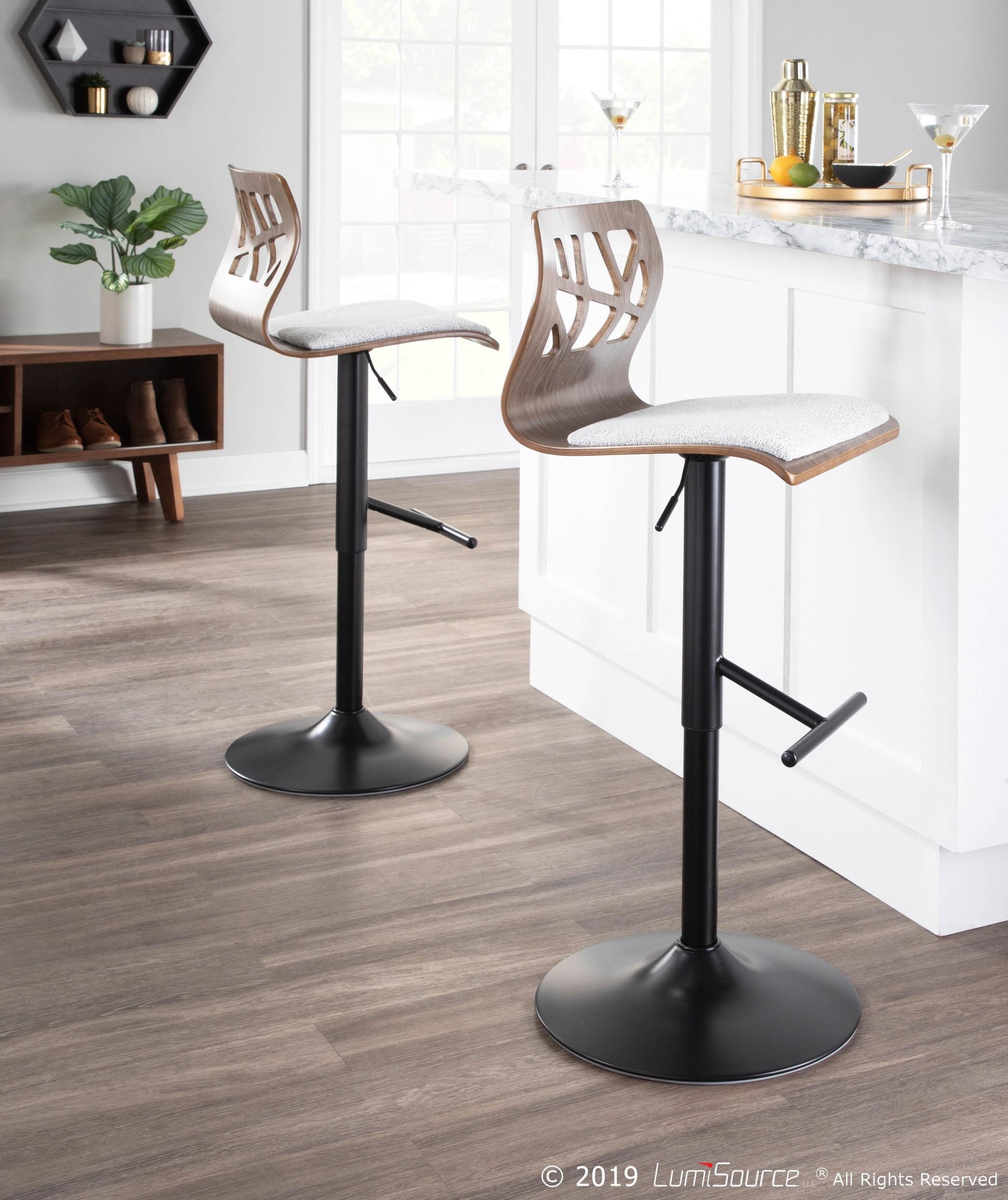 Folia Mid-Century Modern Adjustable Barstool with Swivel in Black Metal, Light Grey Wood and Light Grey Fabric By LumiSource - Set of 2 | Bar Stools | Modishstore - 6