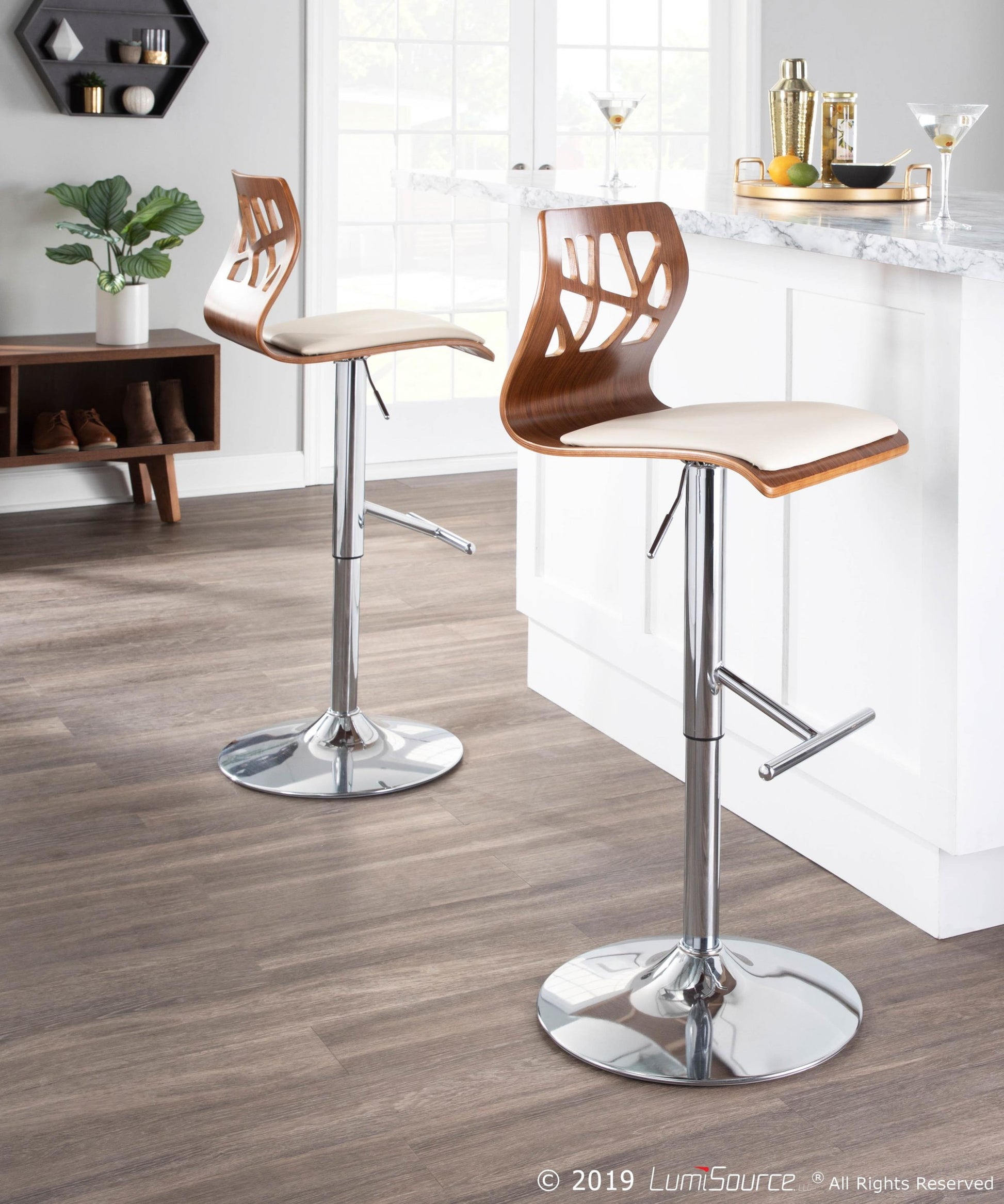 Folia Mid-Century Modern Adjustable Barstool with Swivel in Walnut and Cream Faux Leather By LumiSource - Set of 2 | Bar Stools | Modishstore
