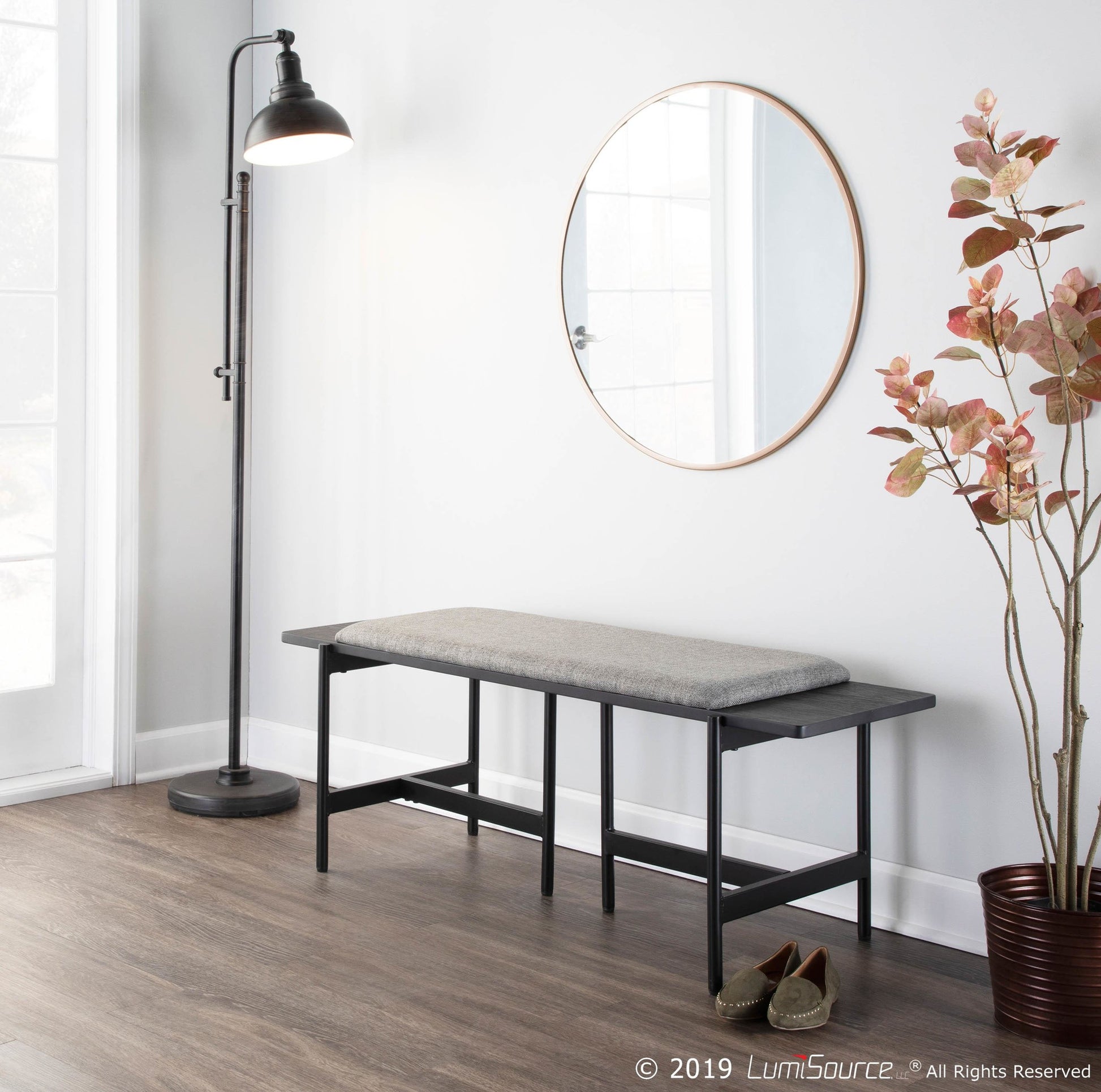 Chloe Contemporary Bench in Black Metal and Grey Fabric with Black Wood Accents By LumiSource | Benches | Modishstore