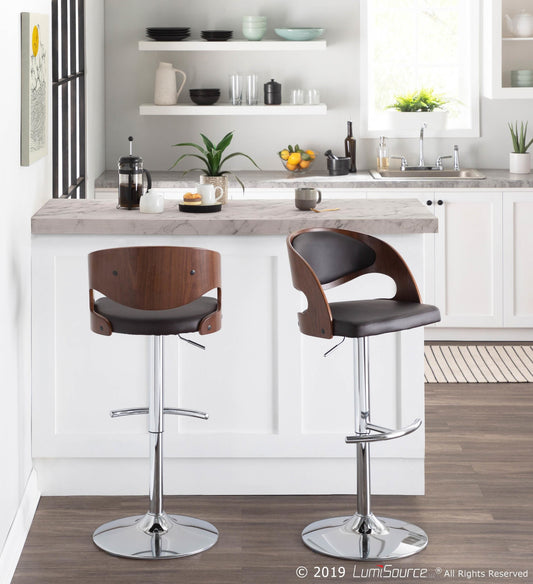 Pino Mid-Century Modern Adjustable Barstool with Swivel in Chrome, Walnut Wood and Brown Faux Leather By LumiSource - Set of 2 | Bar Stools | Modishstore