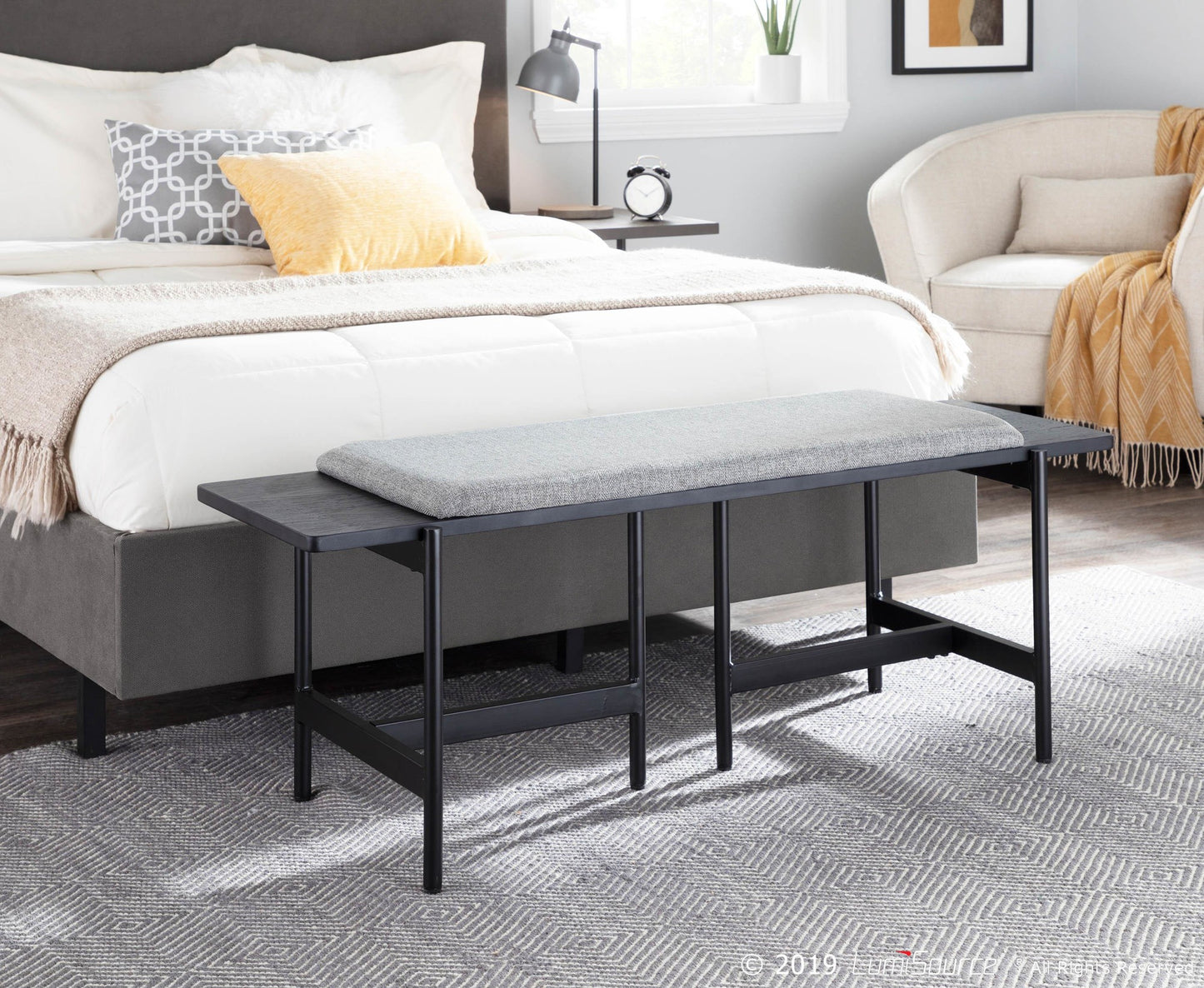Chloe Contemporary Bench in Black Metal and Grey Fabric with Black Wood Accents By LumiSource | Benches | Modishstore - 2
