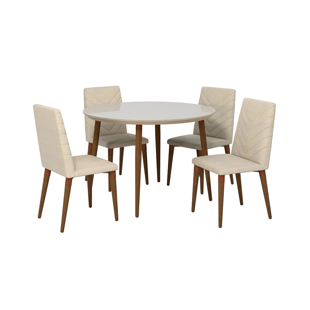 Manhattan Comfort Utopia 45.28 Modern Round Dining Table with Chevron Dining Chairs in Off White and Beige - Set of 5 | Dining Sets | Modishstore