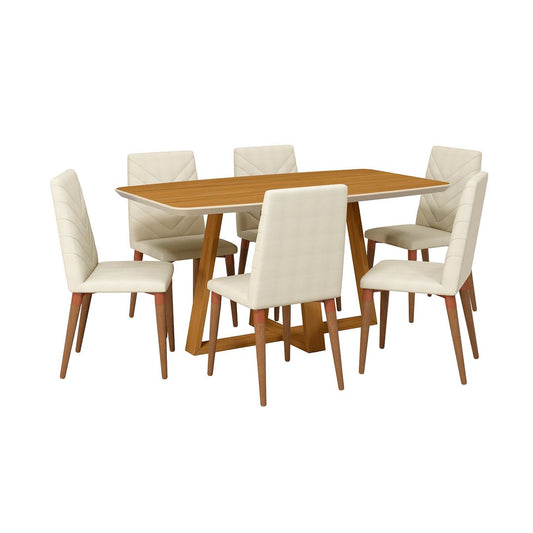 Manhattan Comfort Duffy 62.99 Modern Rectangle Dining Table and Utopia Chevron Dining Chair in Cinnamon Off White and Beige - Set of 7 | Dining Sets | Modishstore