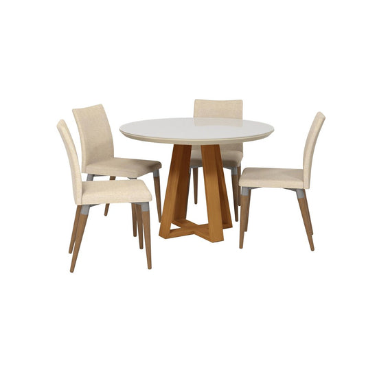 Manhattan Comfort Duffy 45.27 Modern Round Dining Table and Charles Dining Chairs in Off White and Dark Beige- Set of 5 | Dining Sets | Modishstore