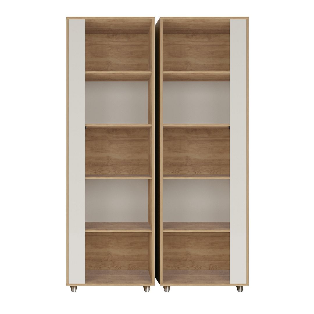 Manhattan Comfort Cypress Mid-Century- Modern Bookcase with 5 Shelves- Set of 2 in Nature and Off White | Bookcases | Modishstore