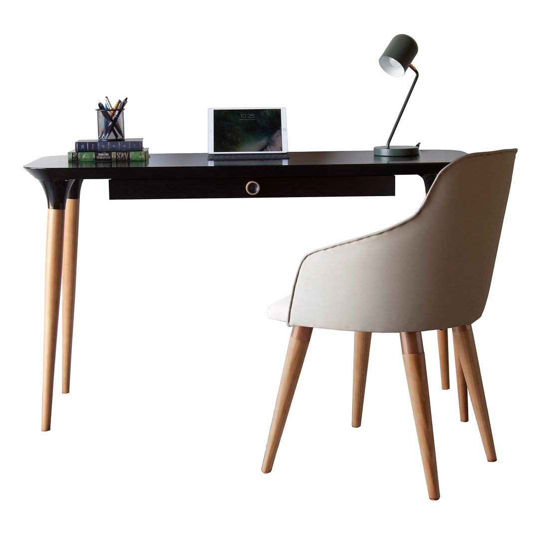 Manhattan Comfort 2-Piece HomeDock Office Desk with Organization Compartments and Martha Accent Chair Set in Black and Beige | Desks | Modishstore