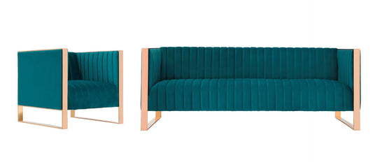Manhattan Comfort Trillium 2-Piece Teal and Rose Gold Sofa and Armchair Set | Sofas | Modishstore