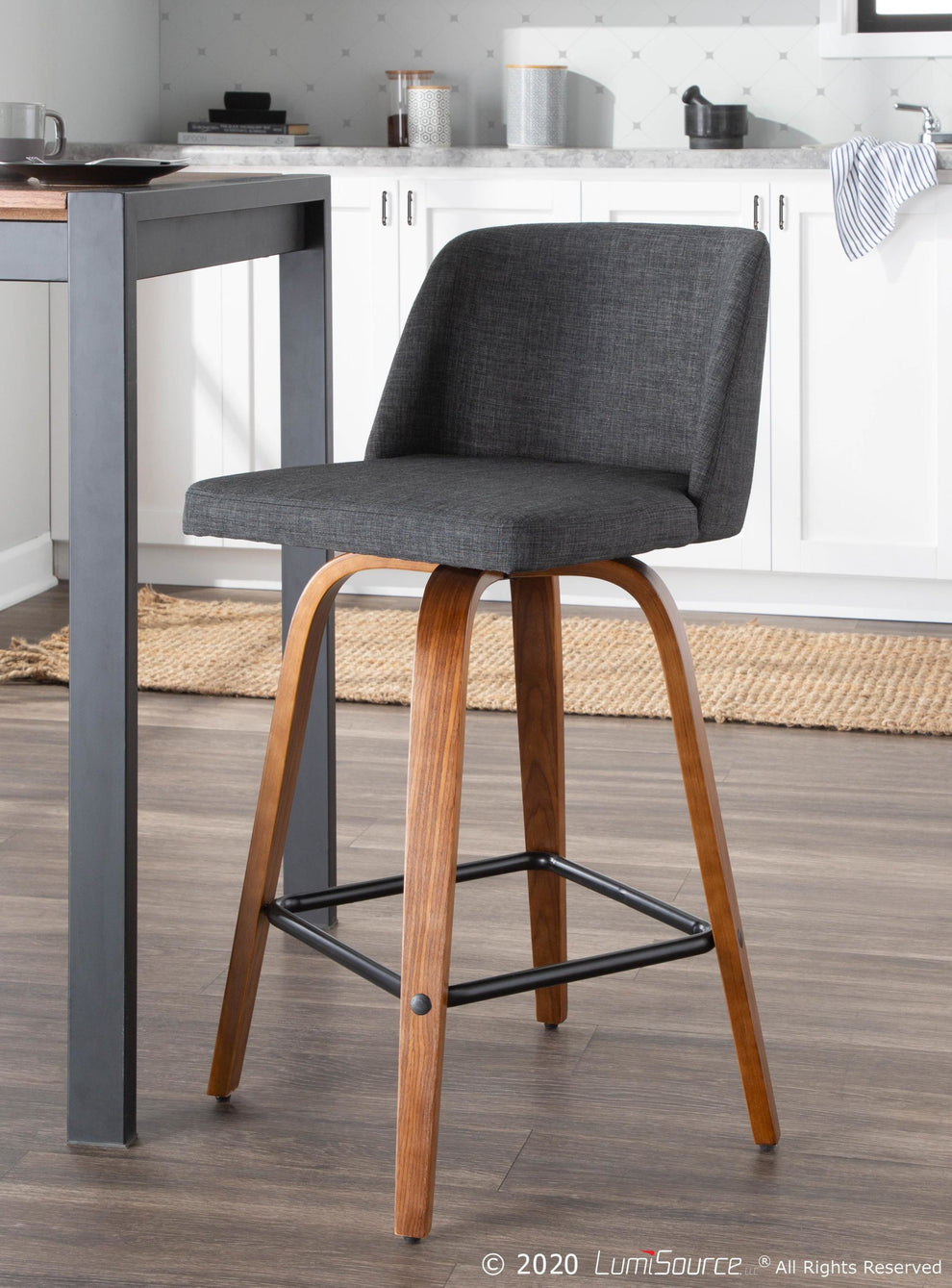 Toriano Mid-Century Modern Counter Stool in Walnut and Blue Fabric By LumiSource - Set of 2 | Counter Stools | Modishstore - 14