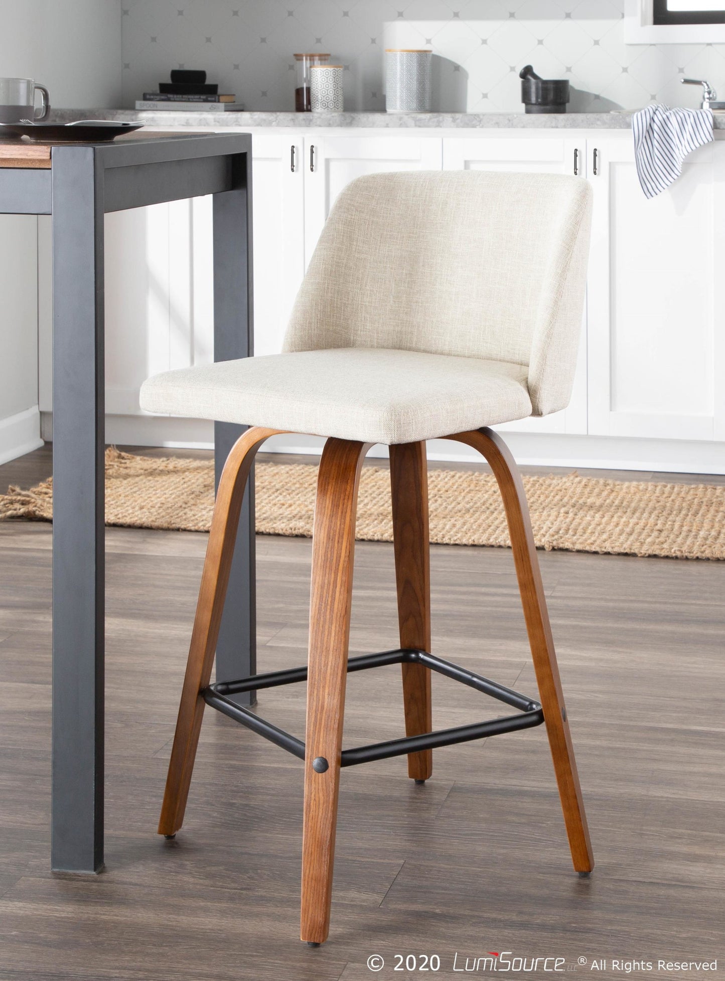 Toriano Mid-Century Modern Counter Stool in Walnut and Blue Fabric By LumiSource - Set of 2 | Counter Stools | Modishstore - 25