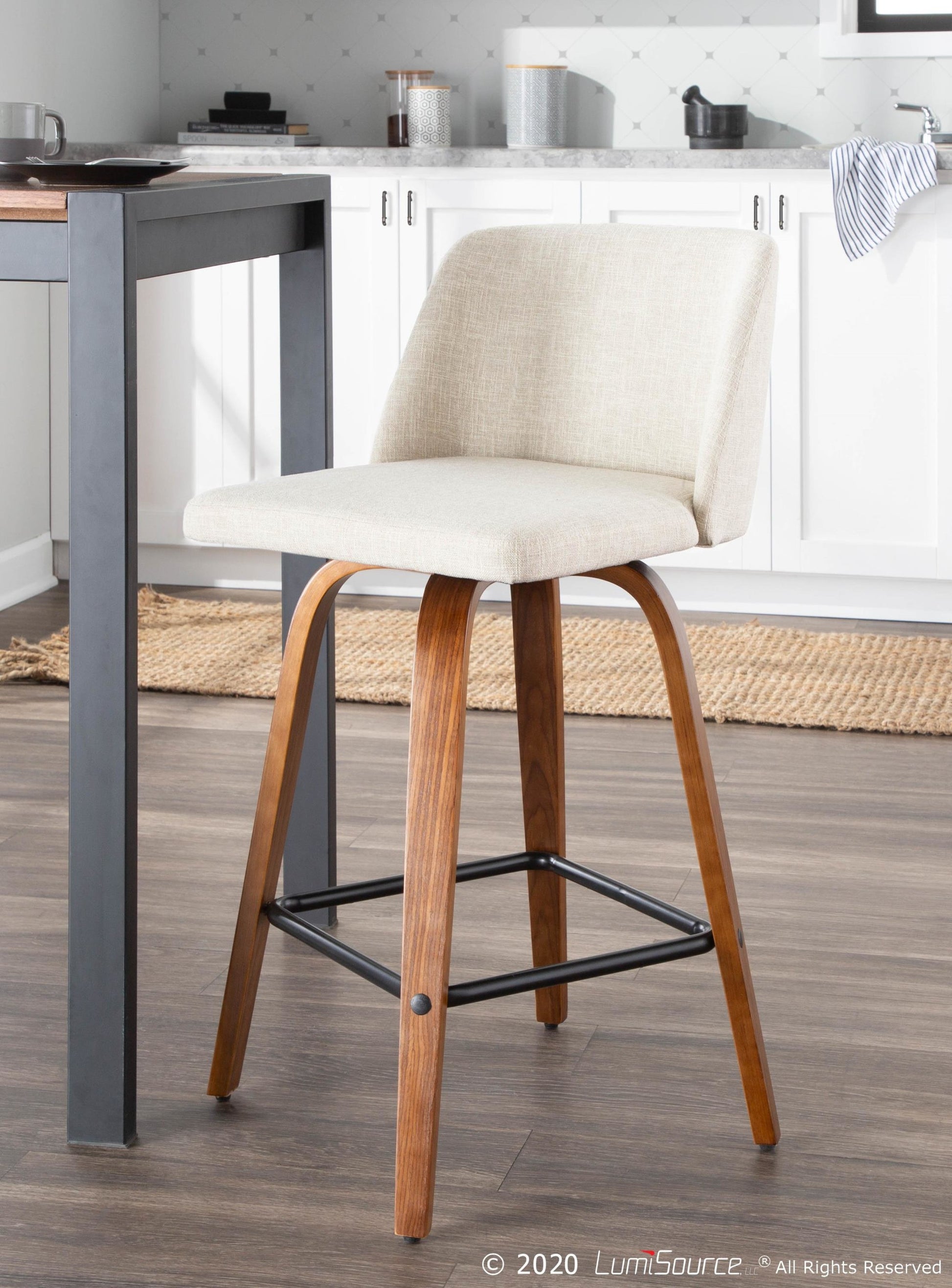 Toriano Mid-Century Modern Counter Stool in Walnut and Blue Fabric By LumiSource - Set of 2 | Counter Stools | Modishstore - 25