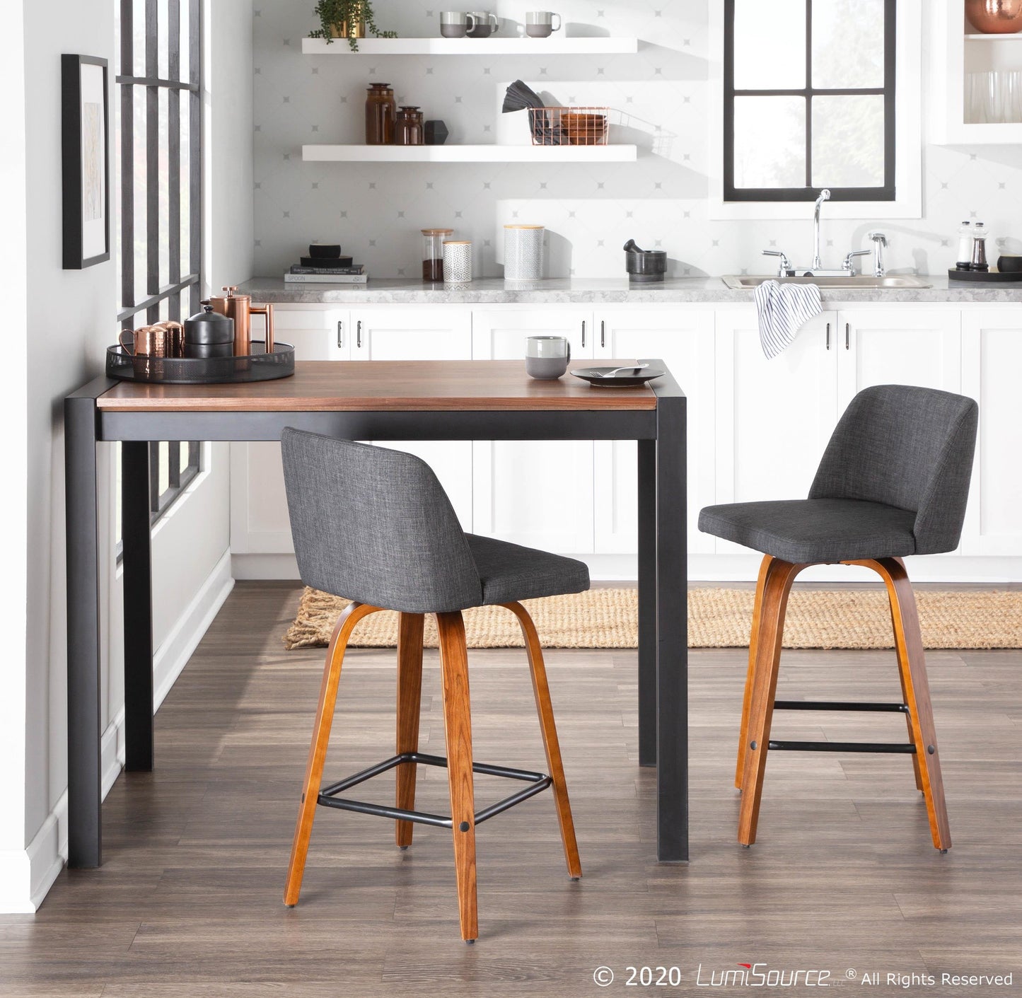 Toriano Mid-Century Modern Counter Stool in Walnut and Blue Fabric By LumiSource - Set of 2 | Counter Stools | Modishstore - 16