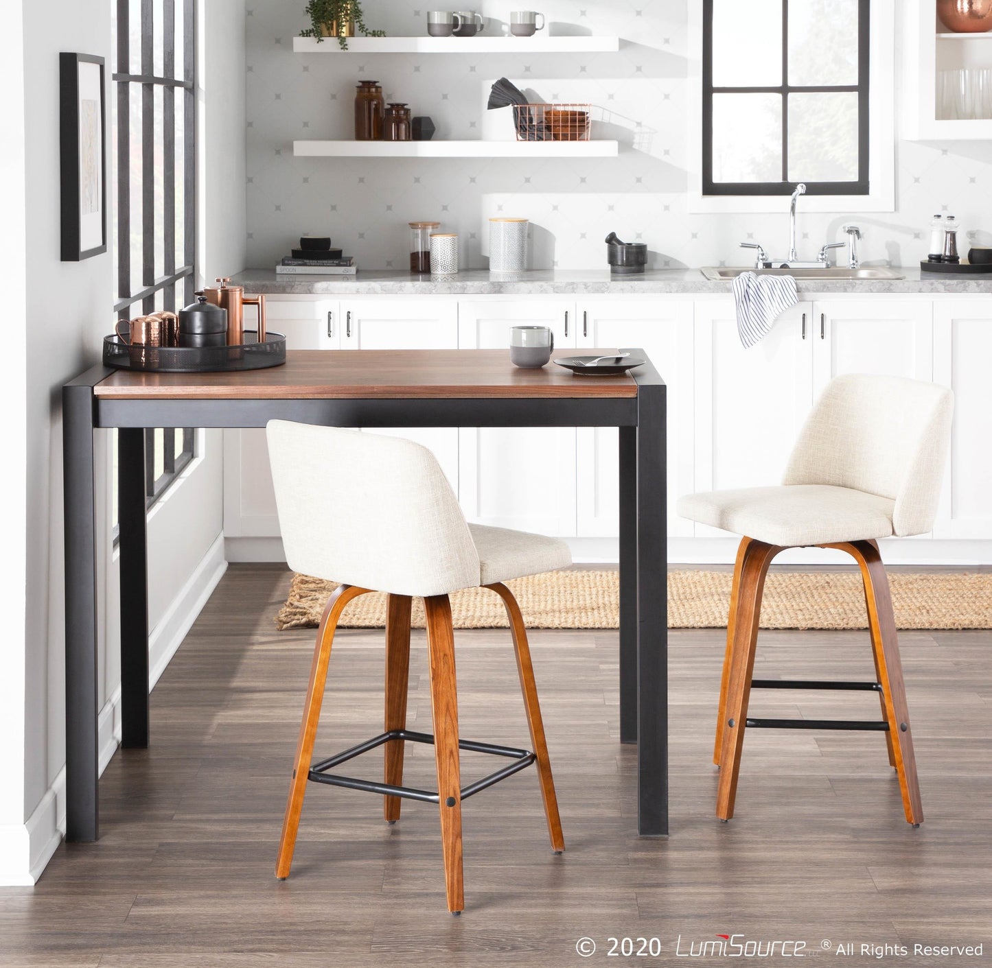 Toriano Mid-Century Modern Counter Stool in Walnut and Blue Fabric By LumiSource - Set of 2 | Counter Stools | Modishstore - 27