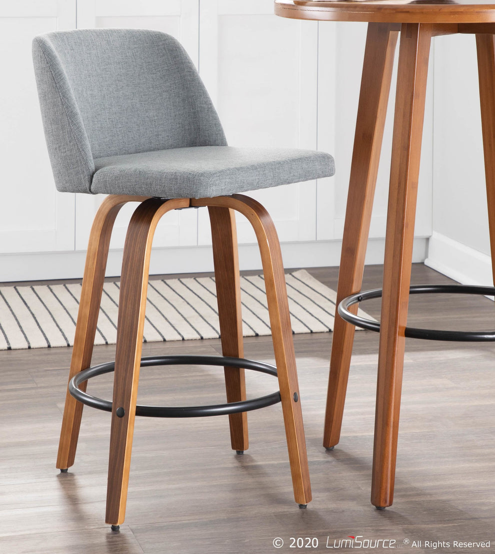 Toriano Mid-Century Modern Counter Stool in Walnut and Blue Fabric By LumiSource - Set of 2 | Counter Stools | Modishstore - 36