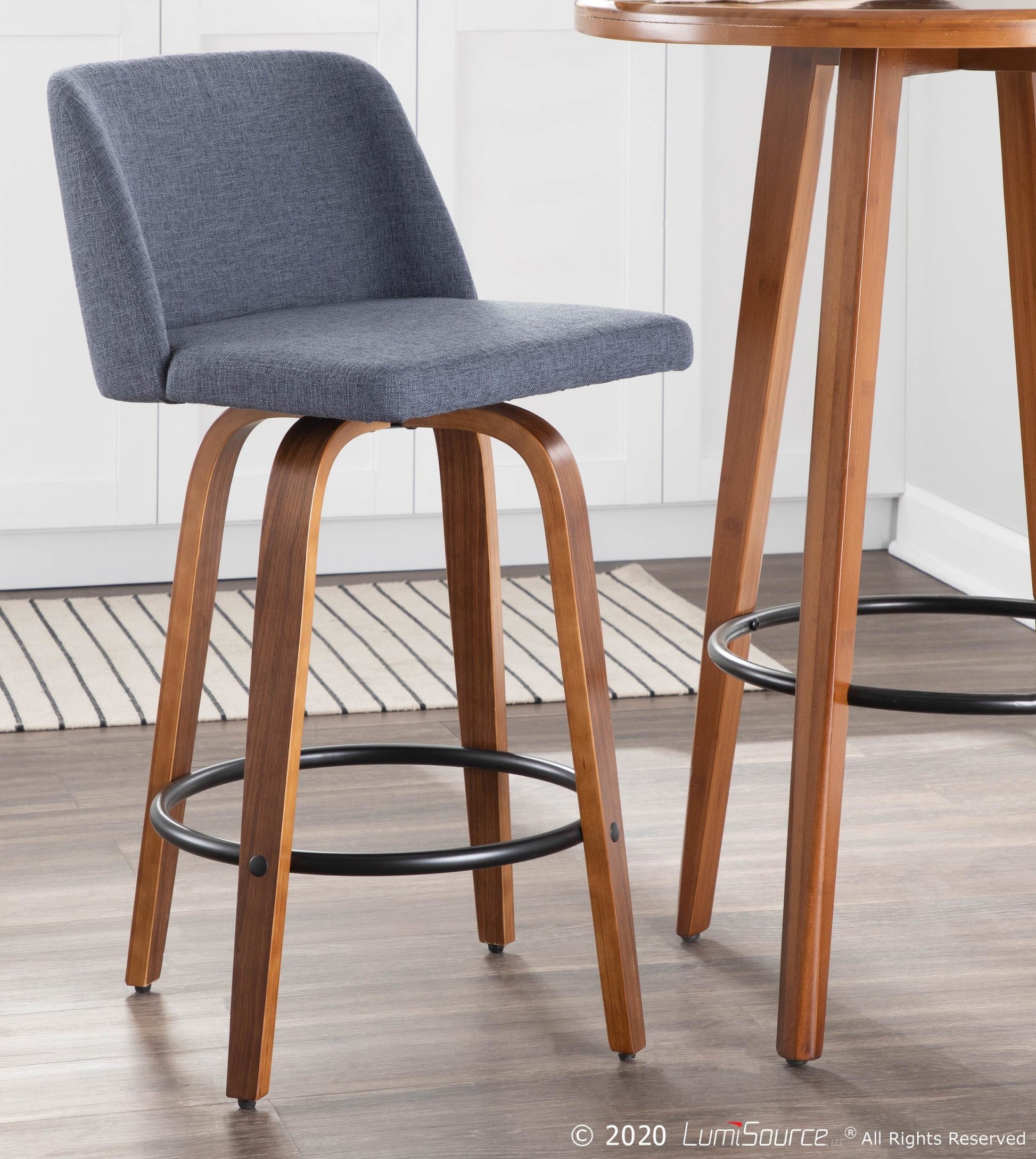 Toriano Mid-Century Modern Counter Stool in Walnut and Blue Fabric By LumiSource - Set of 2 | Counter Stools | Modishstore