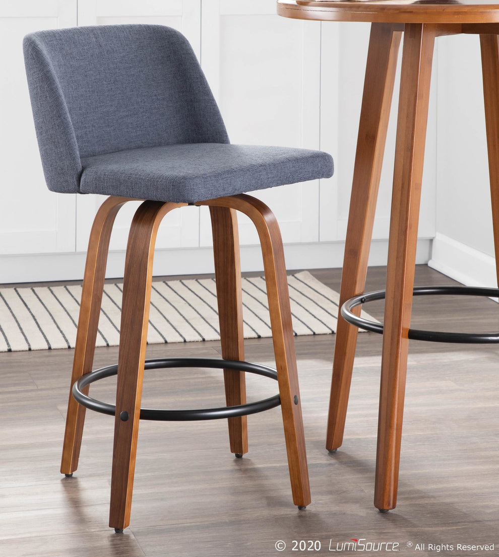 Toriano Mid-Century Modern Counter Stool in Walnut and Blue Fabric By LumiSource - Set of 2 | Counter Stools | Modishstore - 6
