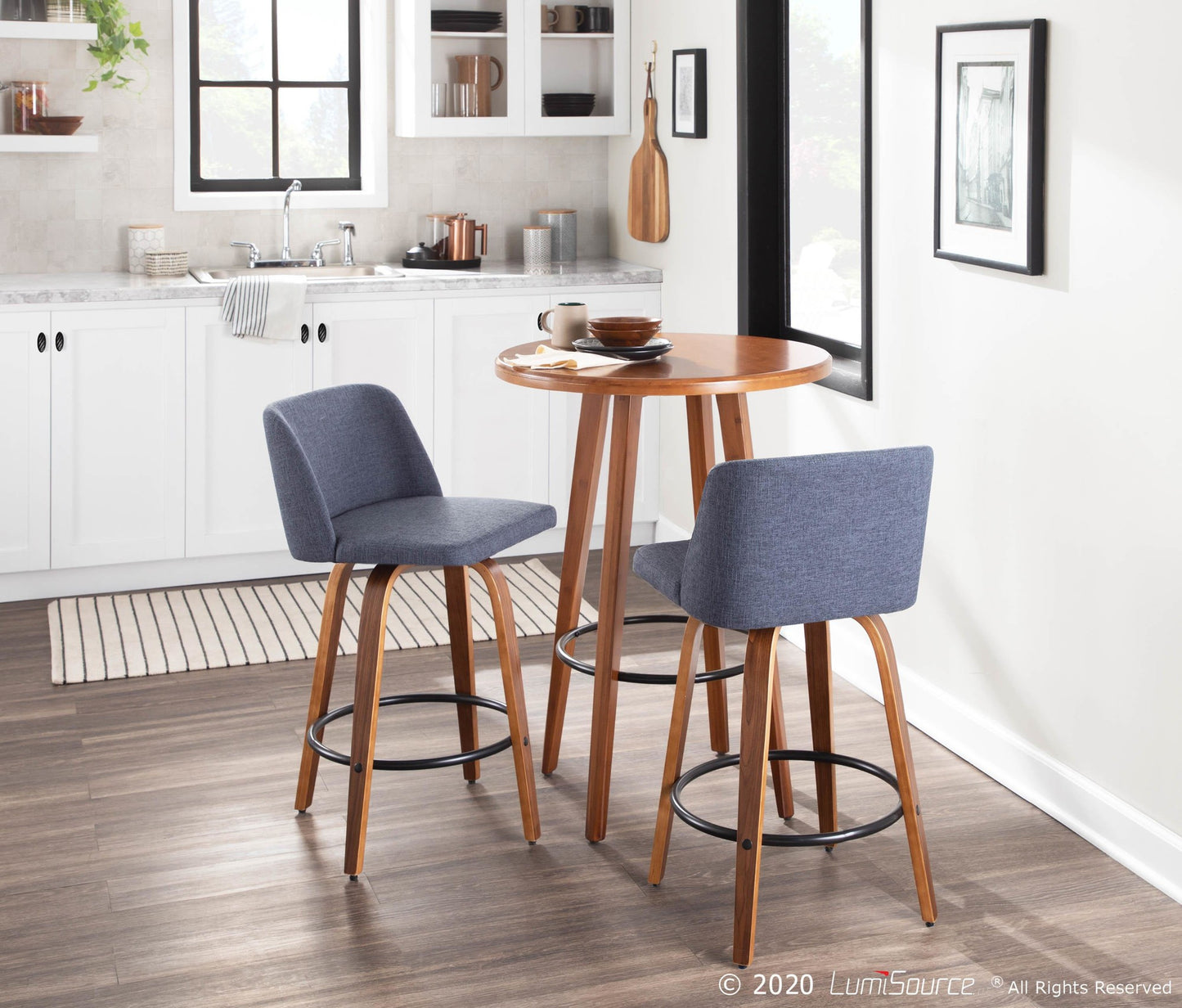 Toriano Mid-Century Modern Counter Stool in Walnut and Blue Fabric By LumiSource - Set of 2 | Counter Stools | Modishstore - 6