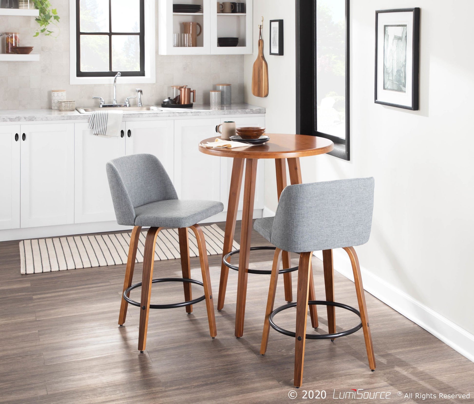 Toriano Mid-Century Modern Counter Stool in Walnut and Blue Fabric By LumiSource - Set of 2 | Counter Stools | Modishstore - 37