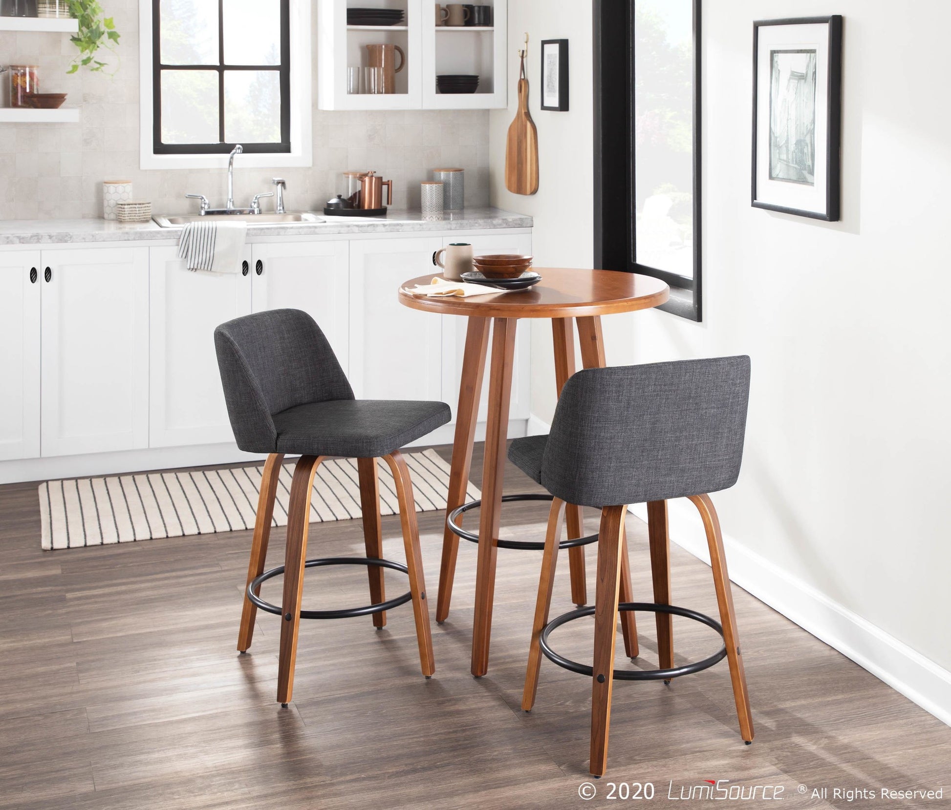 Toriano Mid-Century Modern Counter Stool in Walnut and Blue Fabric By LumiSource - Set of 2 | Counter Stools | Modishstore - 16