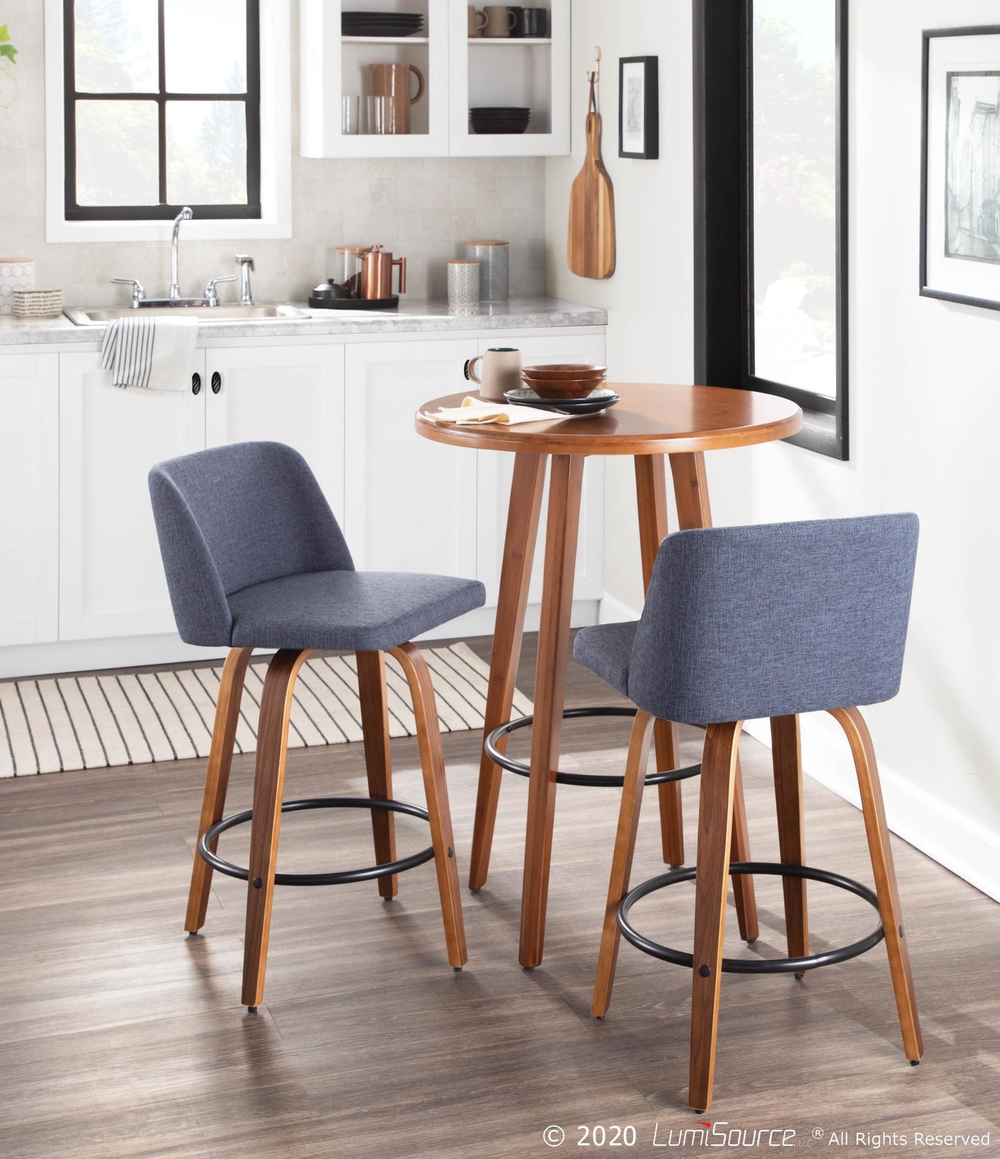 Toriano Mid-Century Modern Counter Stool in Walnut and Blue Fabric By LumiSource - Set of 2 | Counter Stools | Modishstore - 7