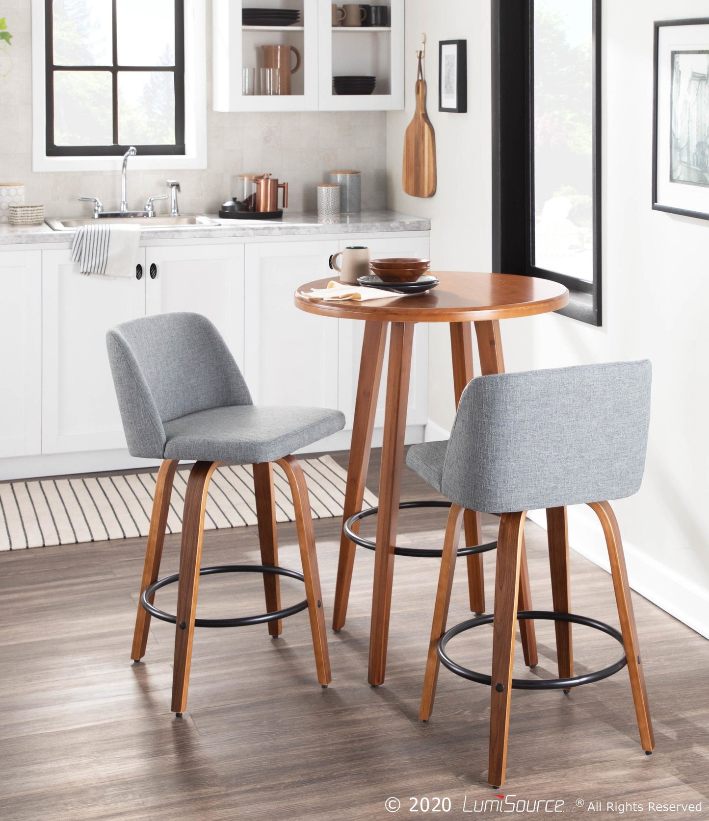 Toriano Mid-Century Modern Counter Stool in Walnut and Blue Fabric By LumiSource - Set of 2 | Counter Stools | Modishstore - 38