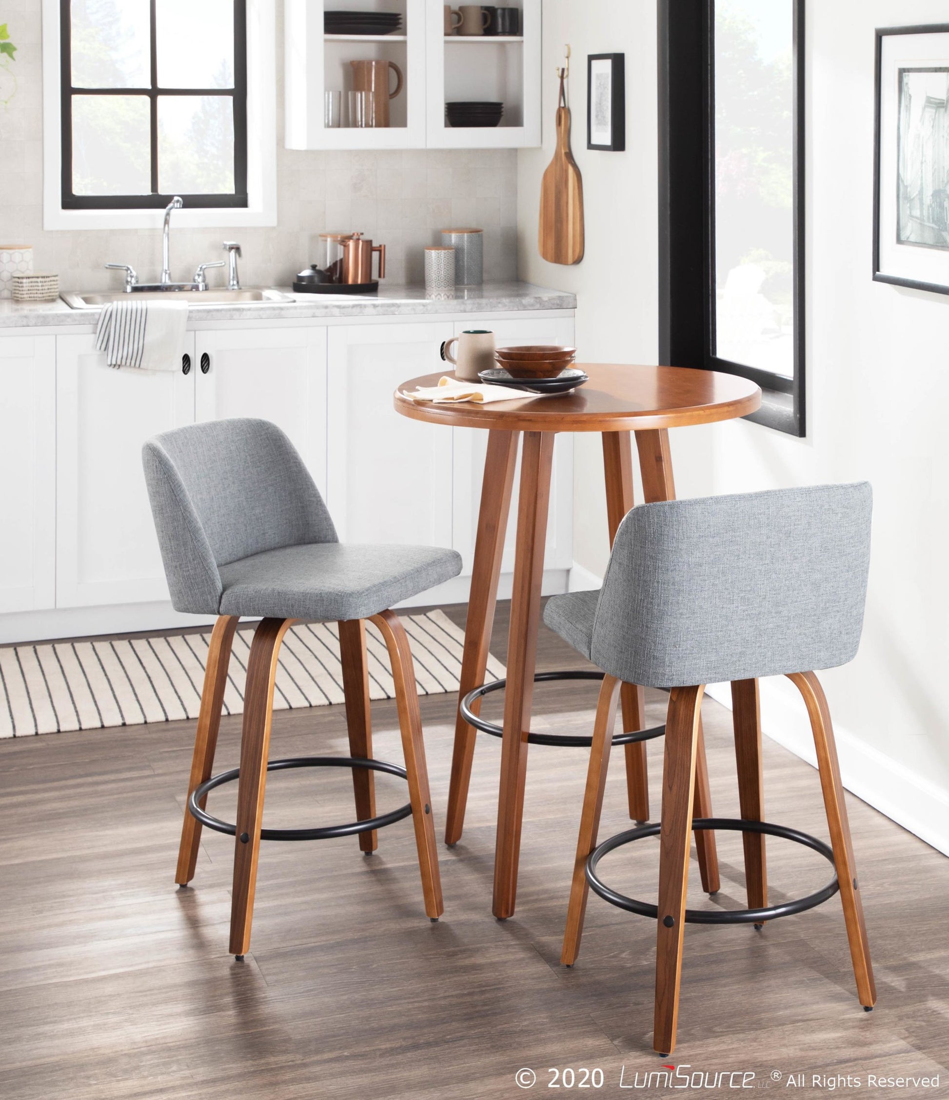 Toriano Mid-Century Modern Counter Stool in Walnut and Blue Fabric By LumiSource - Set of 2 | Counter Stools | Modishstore - 38