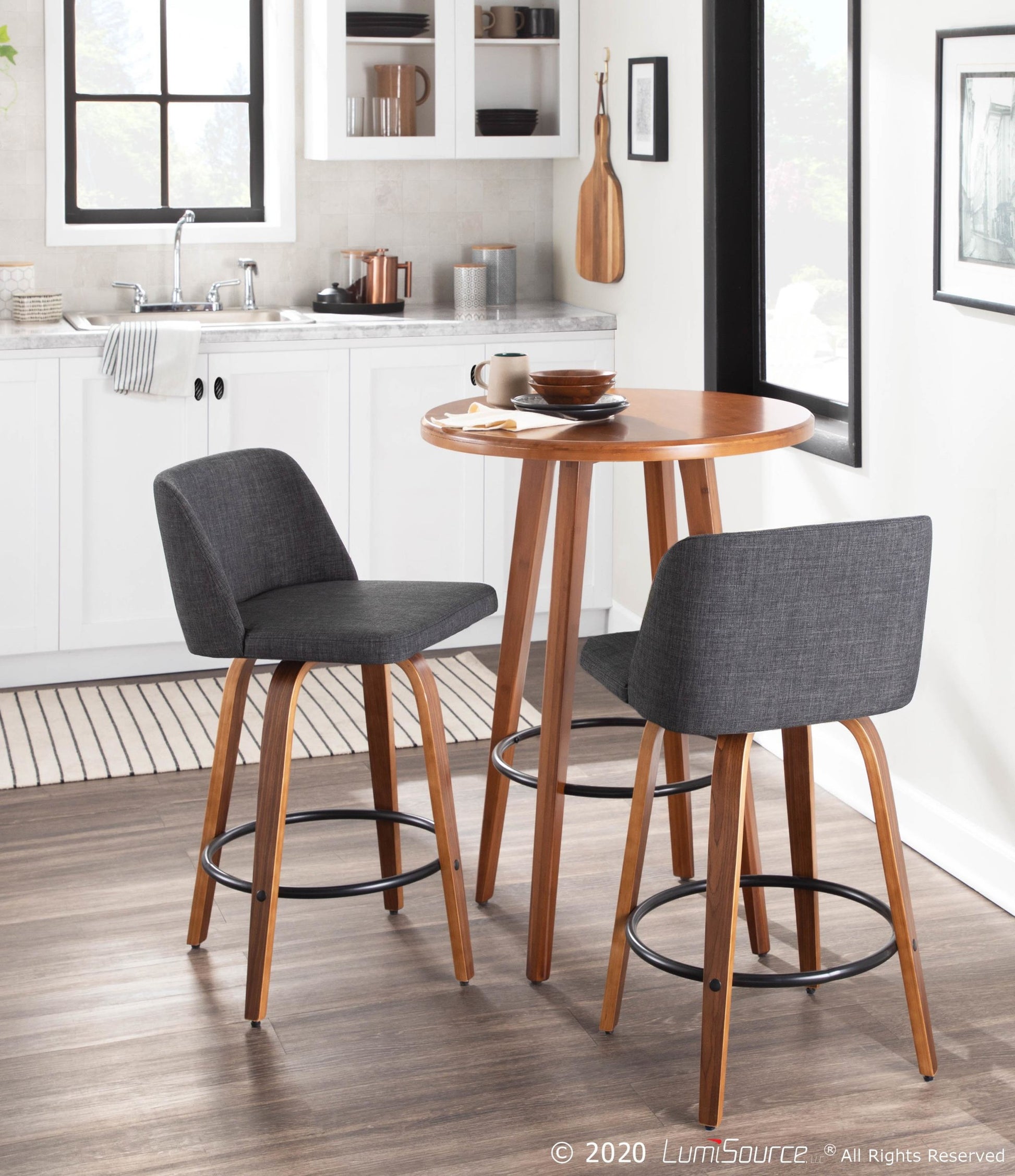 Toriano Mid-Century Modern Counter Stool in Walnut and Blue Fabric By LumiSource - Set of 2 | Counter Stools | Modishstore - 17