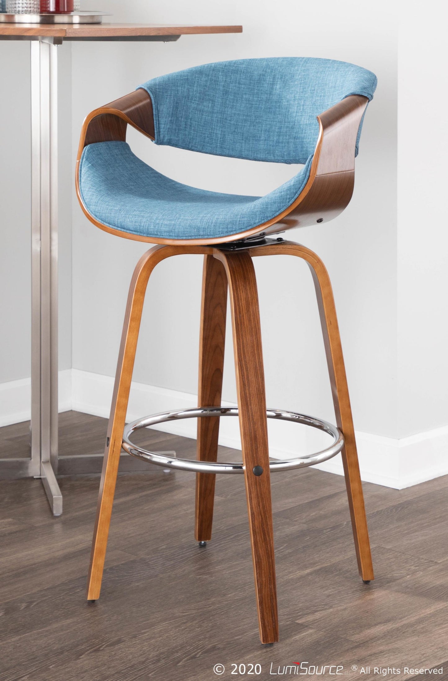 Curvini Mid-Century Modern Barstool in Walnut Wood and Blue Fabric By LumiSource - Set of 2 | Bar Stools | Modishstore - 7