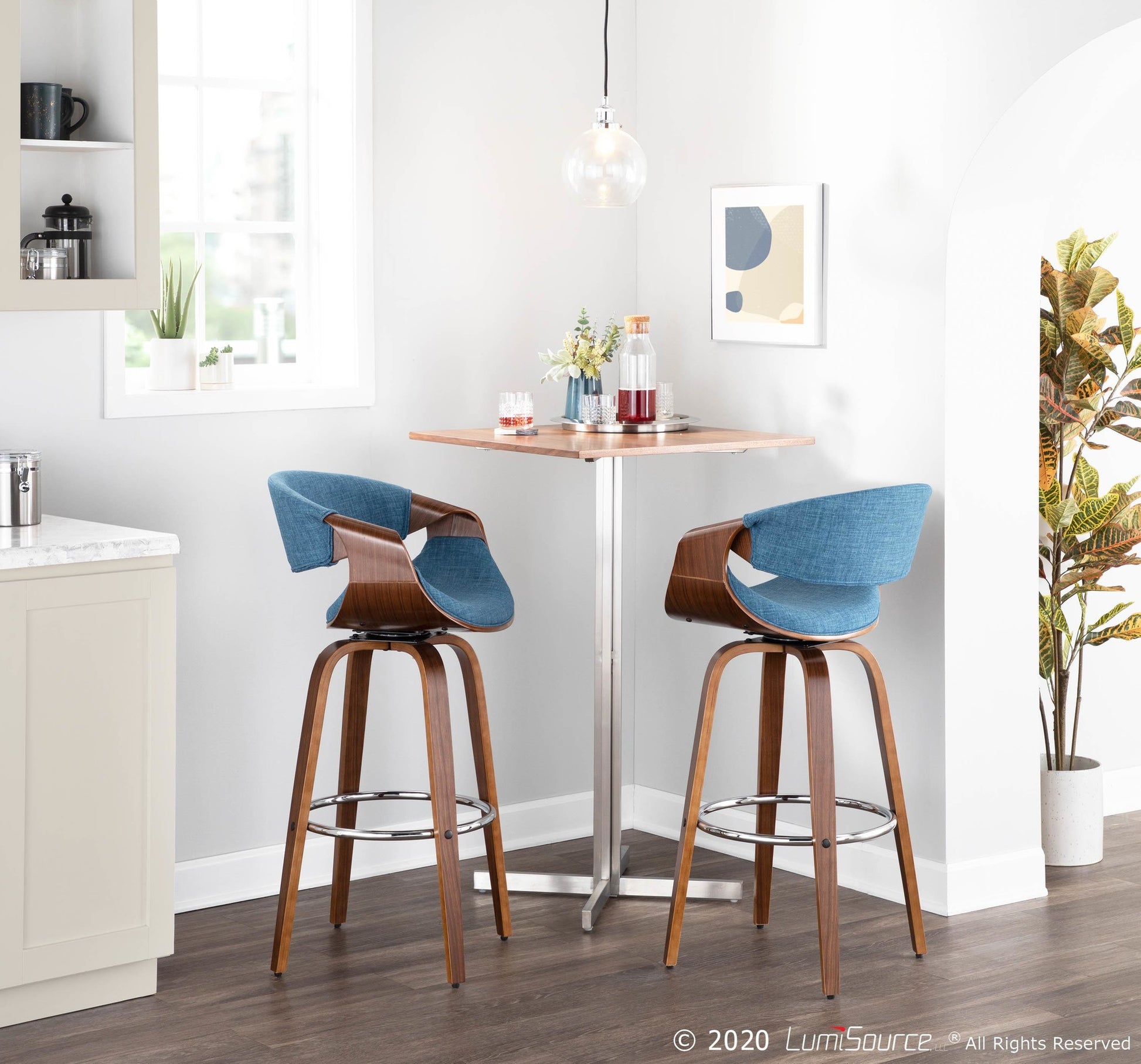 Curvini Mid-Century Modern Barstool in Walnut Wood and Blue Fabric By LumiSource - Set of 2 | Bar Stools | Modishstore