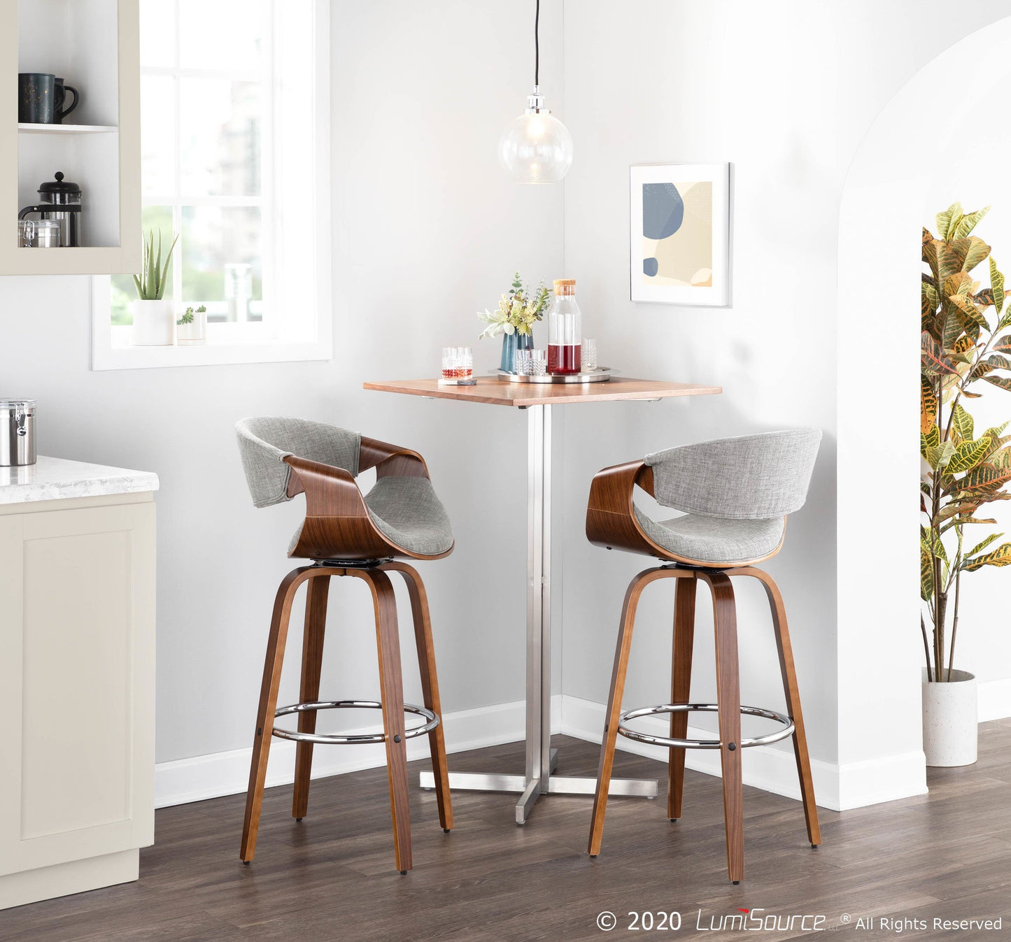 Curvini Mid-Century Modern Barstool in Walnut Wood and Blue Fabric By LumiSource - Set of 2 | Bar Stools | Modishstore - 28