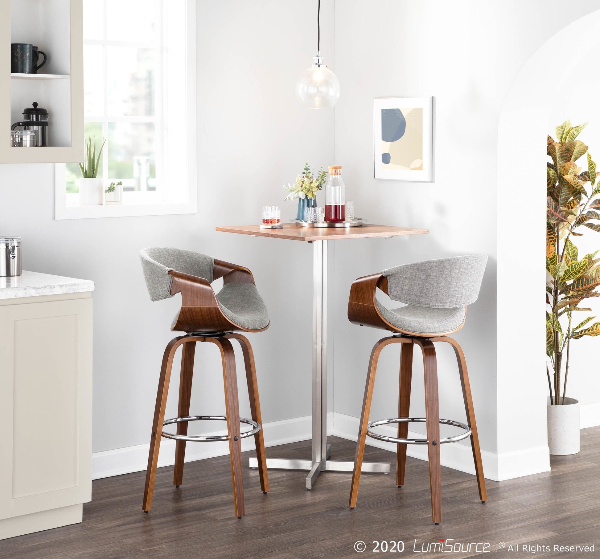 Curvini Mid-Century Modern Barstool in Walnut Wood and Blue Fabric By LumiSource - Set of 2 | Bar Stools | Modishstore - 28