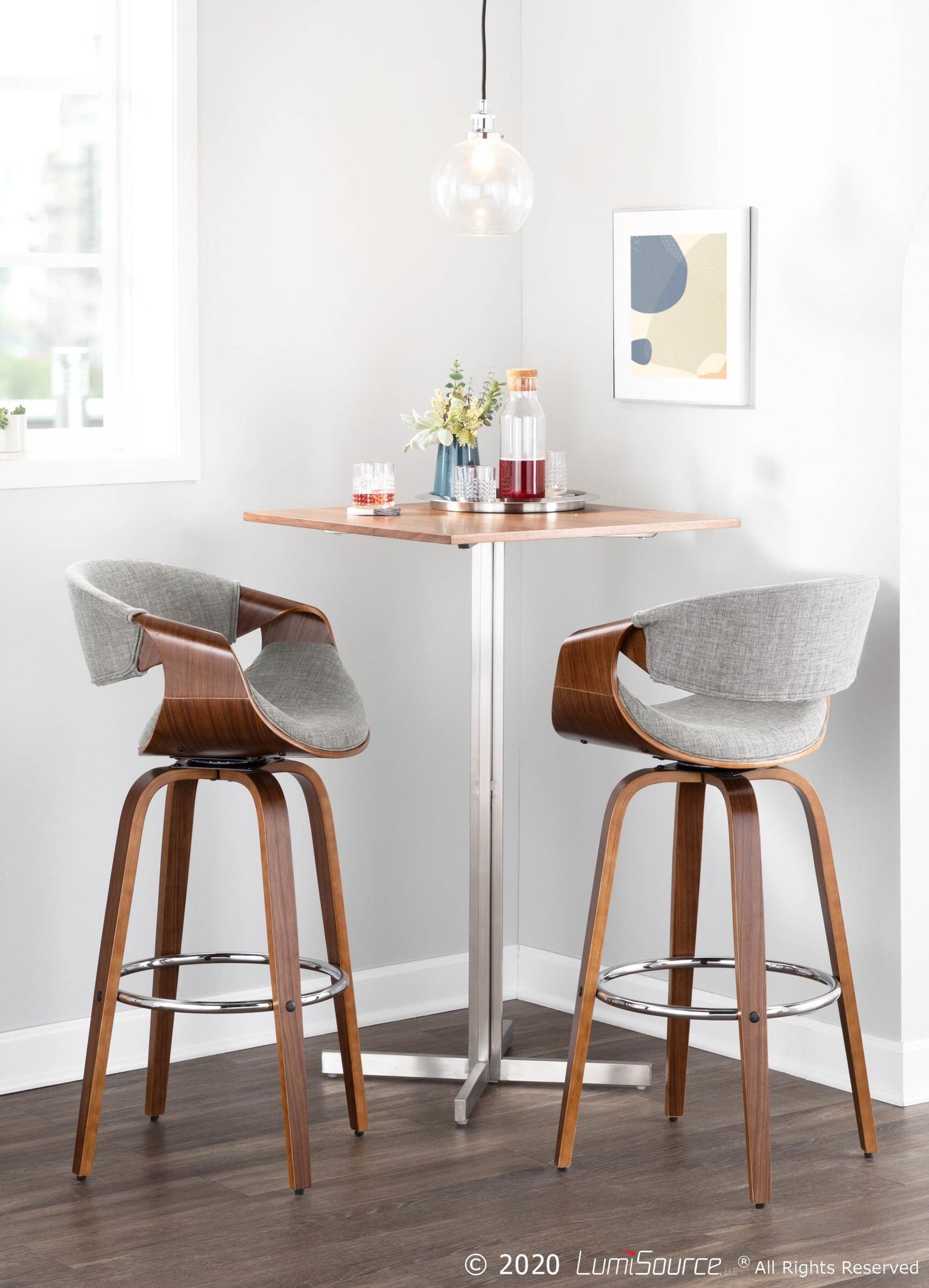 Curvini Mid-Century Modern Barstool in Walnut Wood and Blue Fabric By LumiSource - Set of 2 | Bar Stools | Modishstore - 27