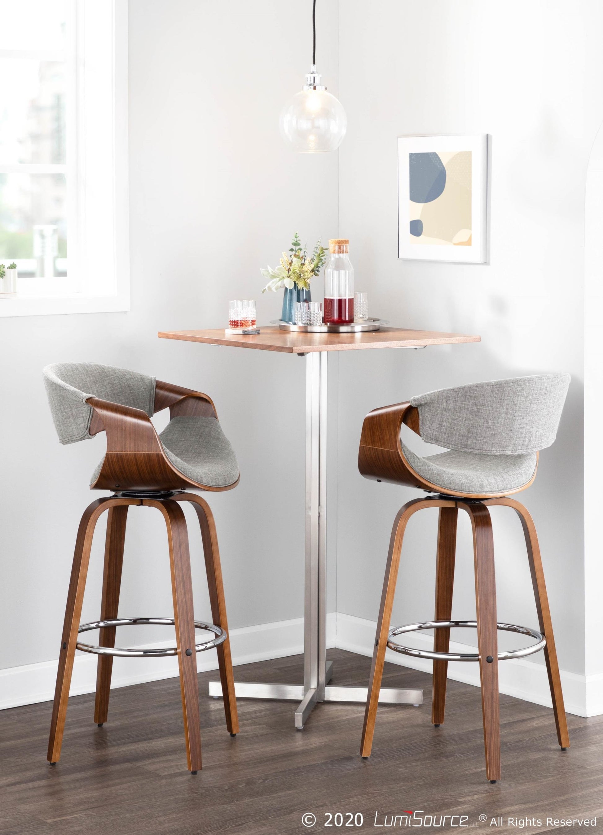 Curvini Mid-Century Modern Barstool in Walnut Wood and Blue Fabric By LumiSource - Set of 2 | Bar Stools | Modishstore - 27