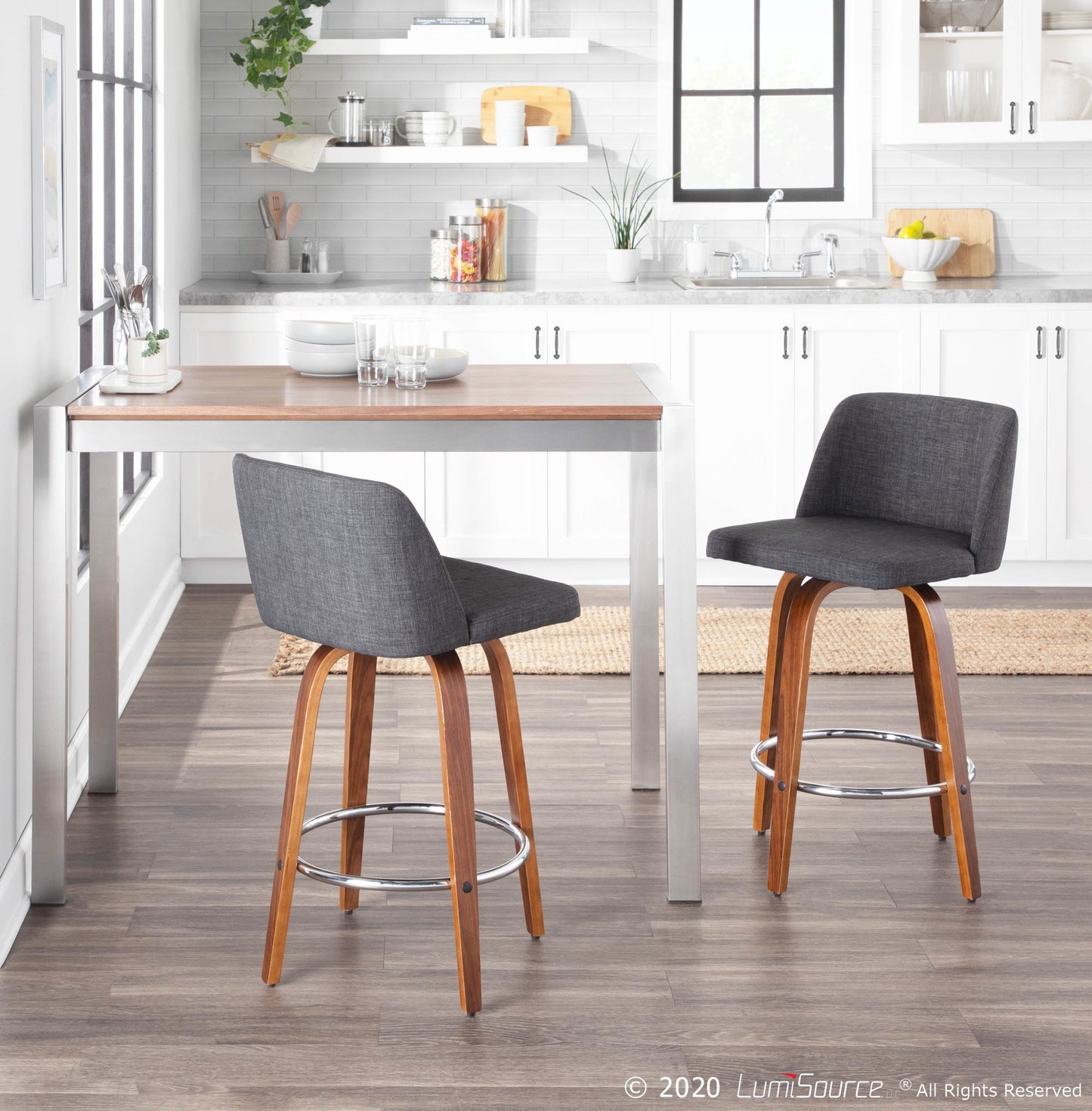 Toriano Mid-Century Modern Counter Stool in Walnut and Blue Fabric By LumiSource - Set of 2 | Counter Stools | Modishstore - 17