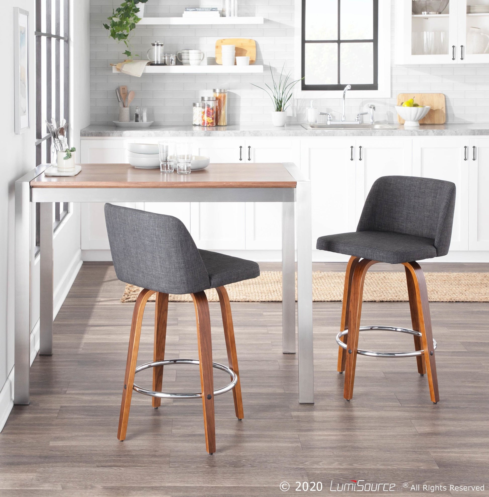 Toriano Mid-Century Modern Counter Stool in Walnut and Blue Fabric By LumiSource - Set of 2 | Counter Stools | Modishstore - 17