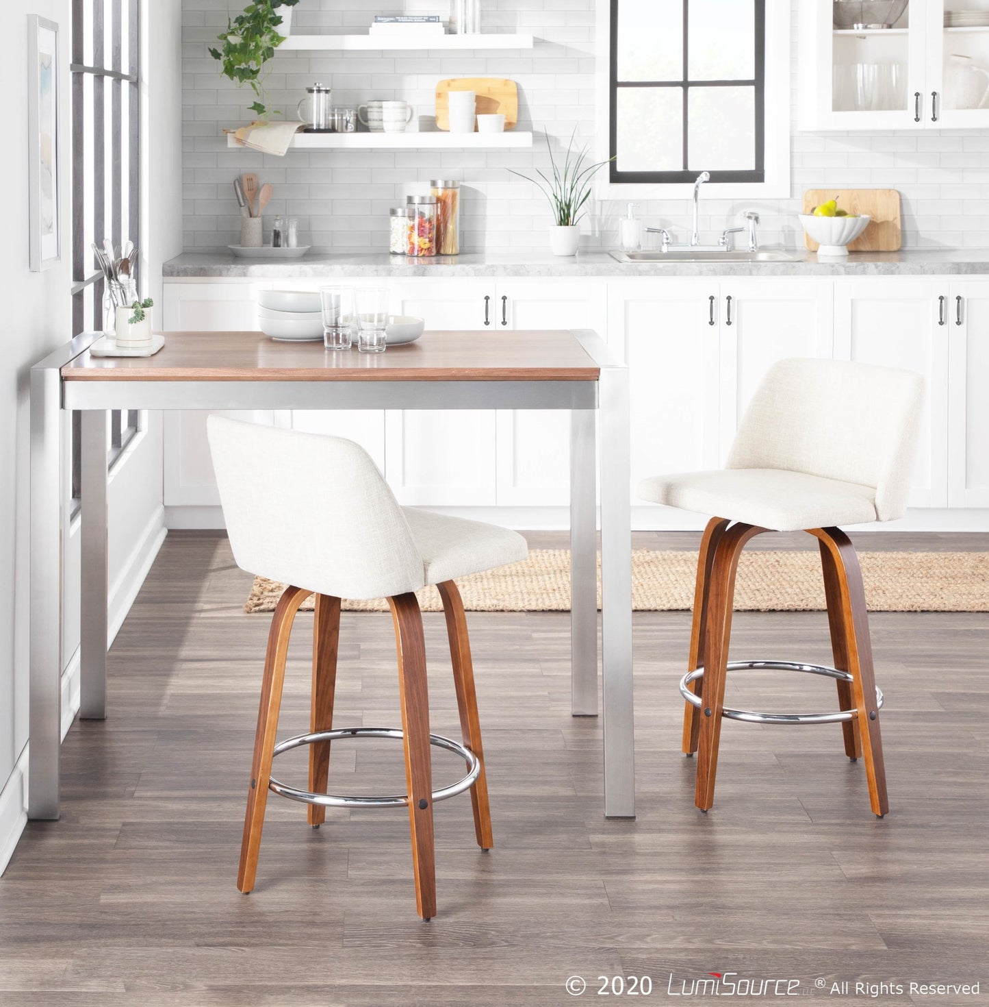 Toriano Mid-Century Modern Counter Stool in Walnut and Blue Fabric By LumiSource - Set of 2 | Counter Stools | Modishstore - 26