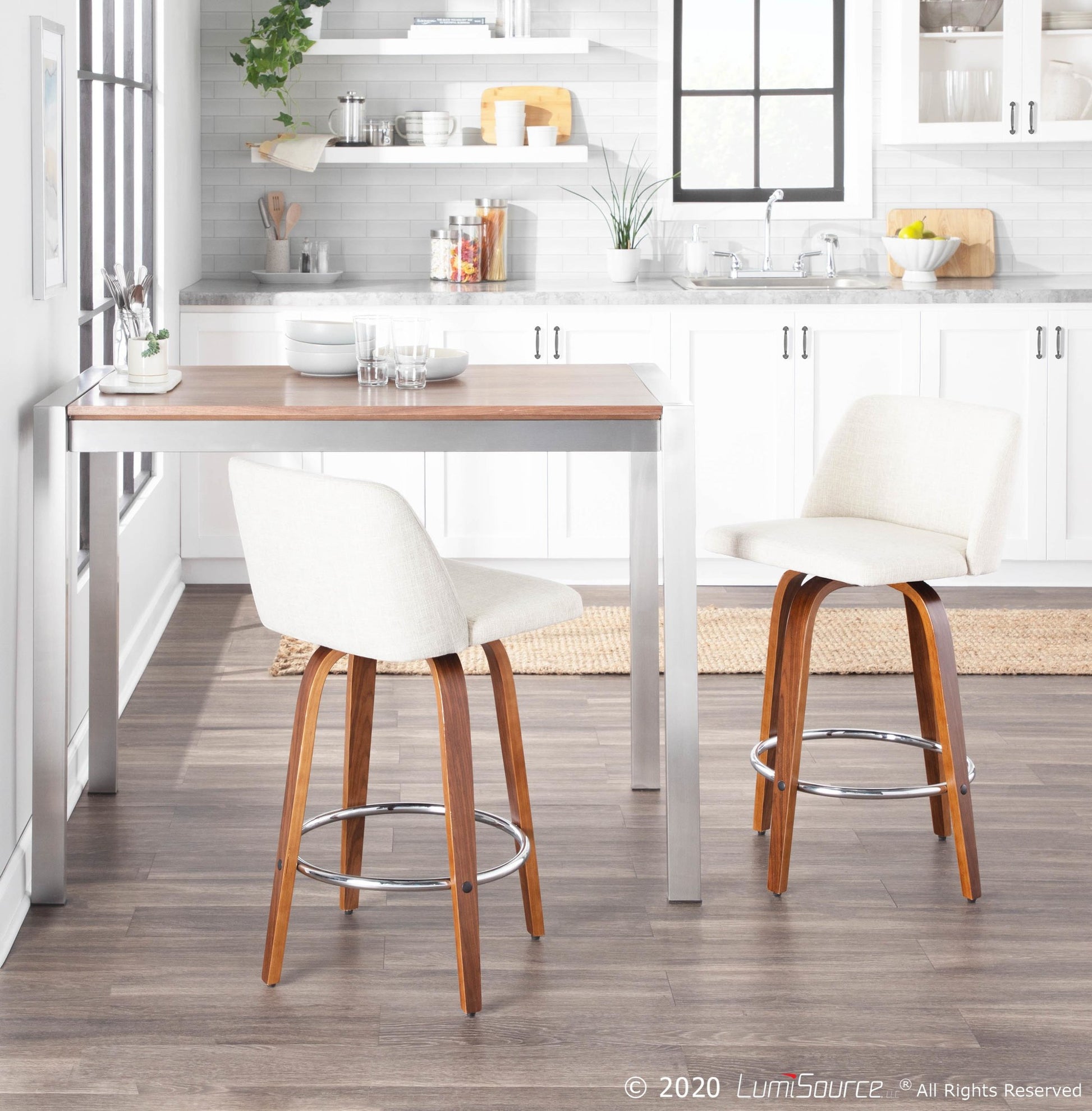 Toriano Mid-Century Modern Counter Stool in Walnut and Blue Fabric By LumiSource - Set of 2 | Counter Stools | Modishstore - 26