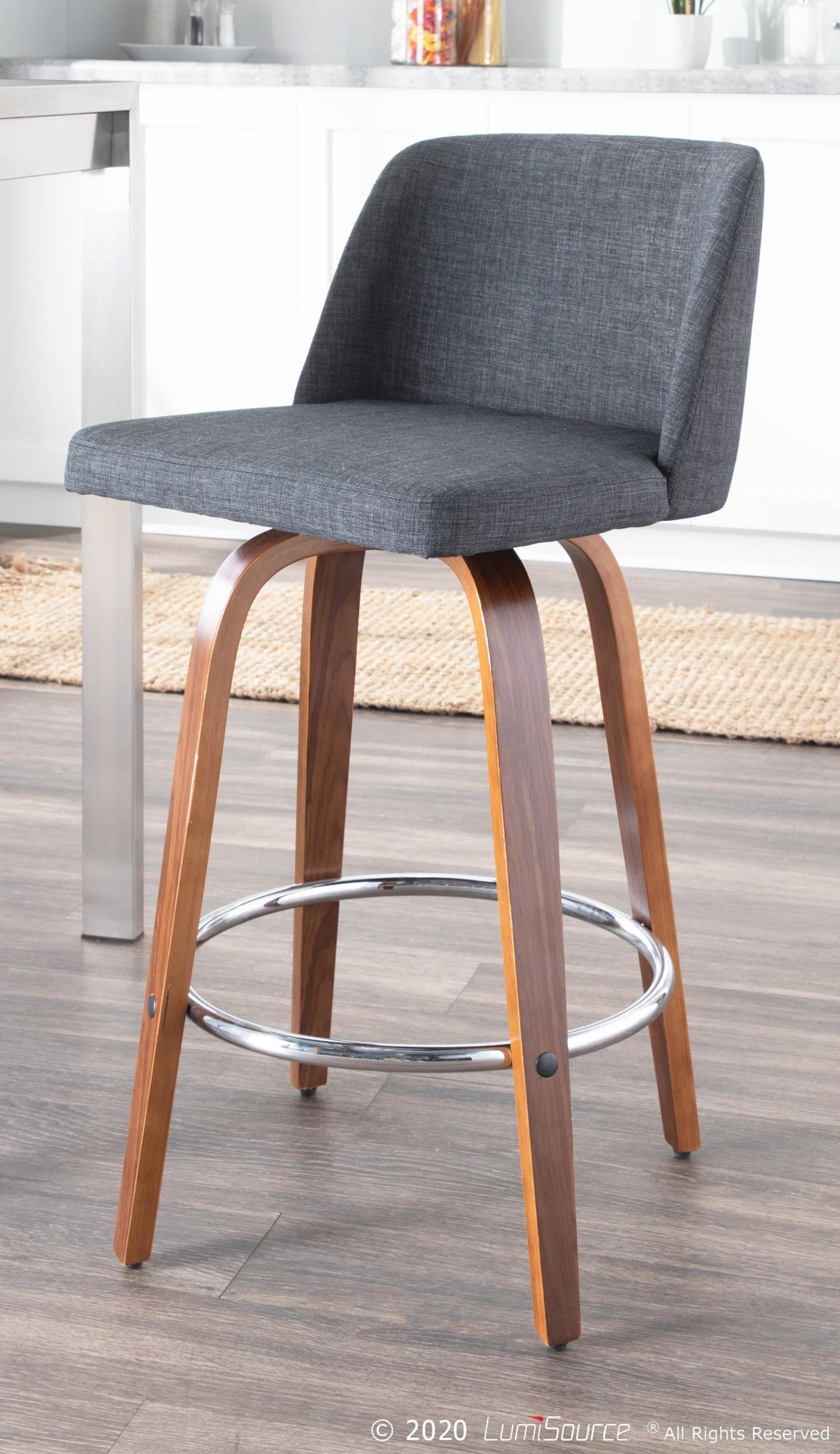 Toriano Mid-Century Modern Counter Stool in Walnut and Blue Fabric By LumiSource - Set of 2 | Counter Stools | Modishstore - 16