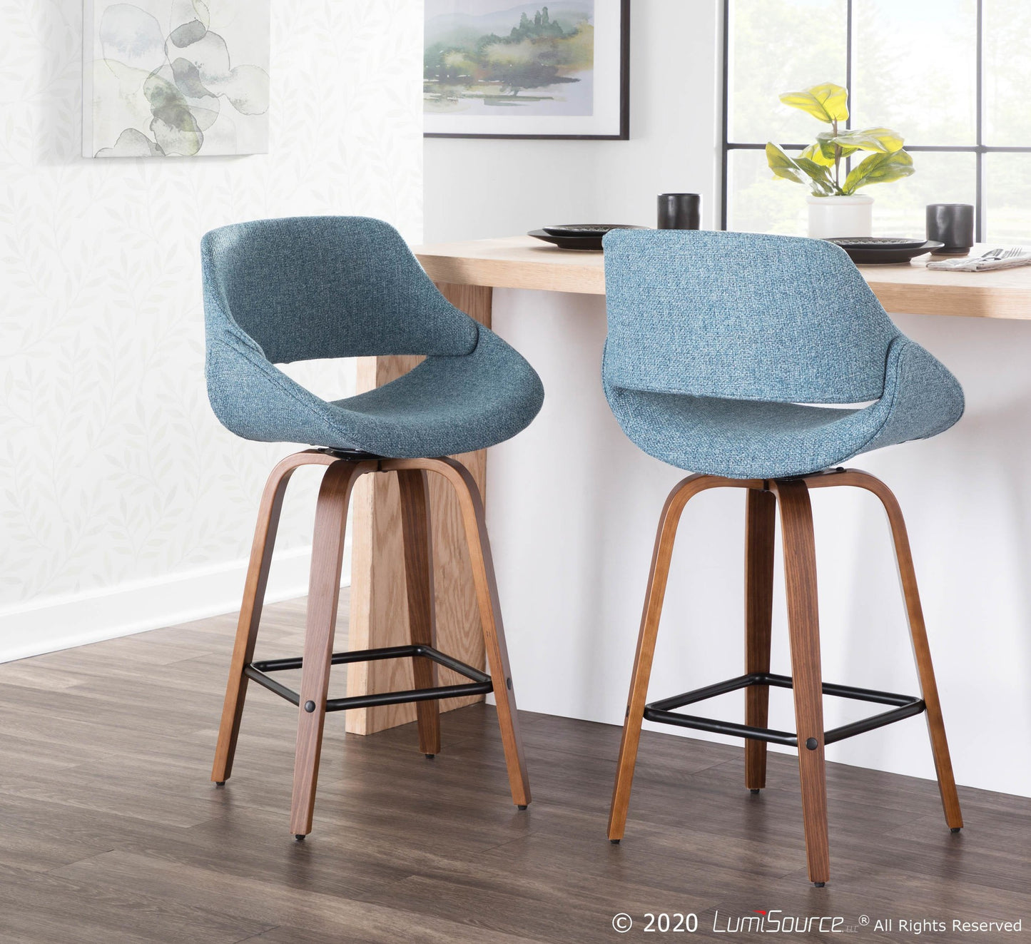 Fabrico Mid-Century Modern Counter Stool in Walnut and Blue Noise Fabric By LumiSource - Set of 2 | Counter Stools | Modishstore