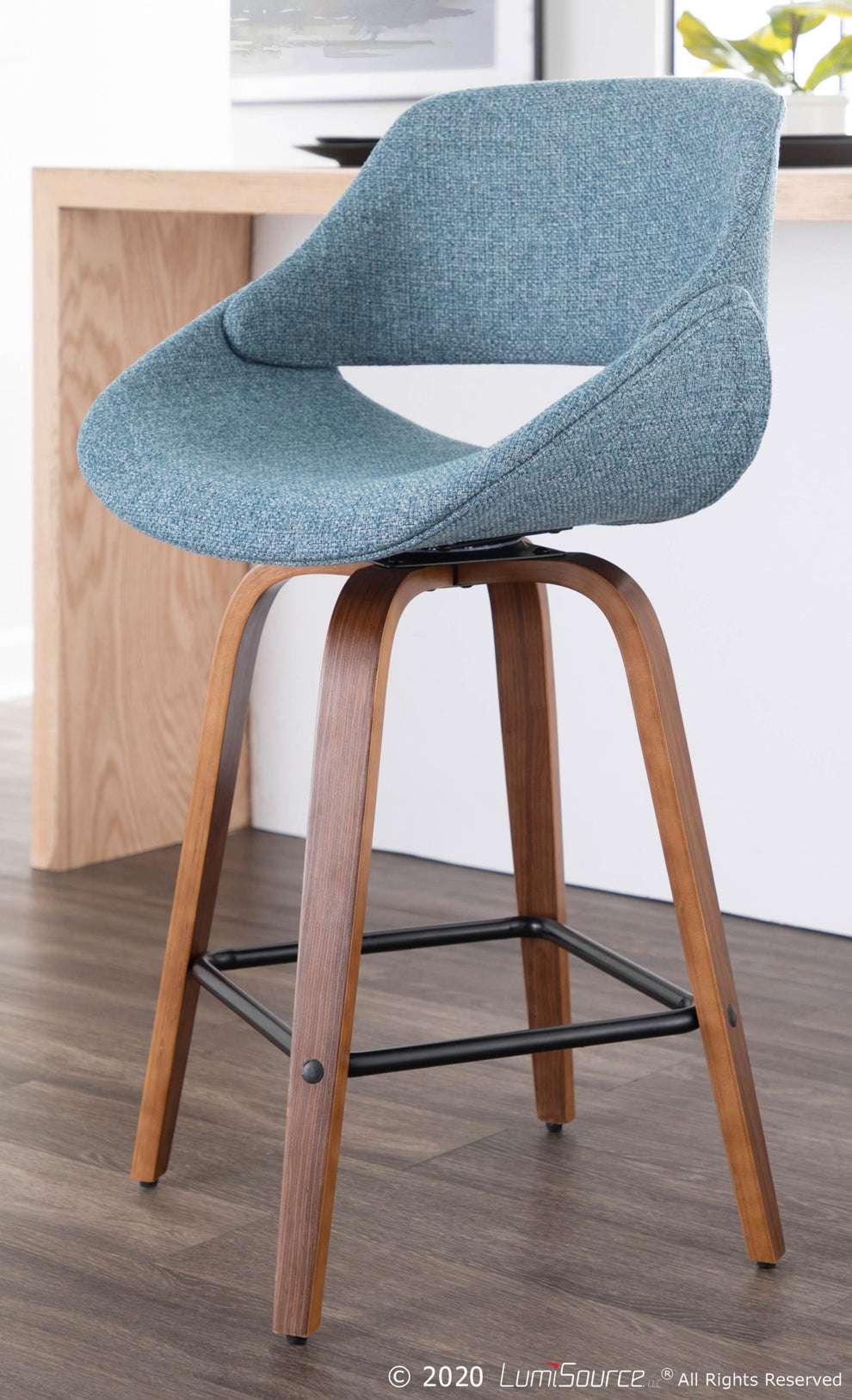 Fabrico Mid-Century Modern Counter Stool in Walnut and Blue Noise Fabric By LumiSource - Set of 2 | Counter Stools | Modishstore - 6
