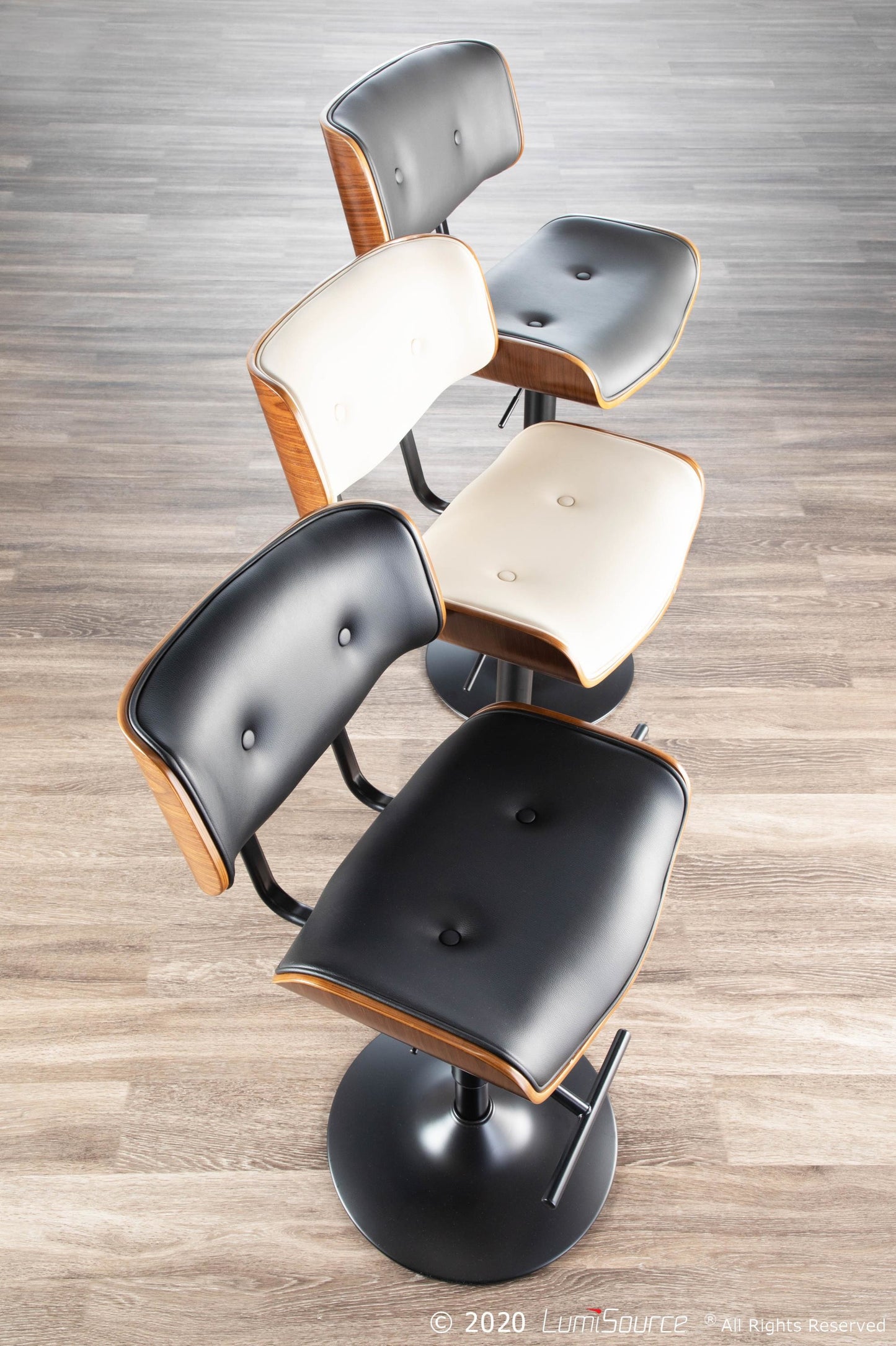 Lombardi Mid-Century Modern Adjustable Barstool with Swivel in Black Metal, Walnut Wood and Black Faux Leather By LumiSource - Set of 2 | Bar Stools | Modishstore - 6