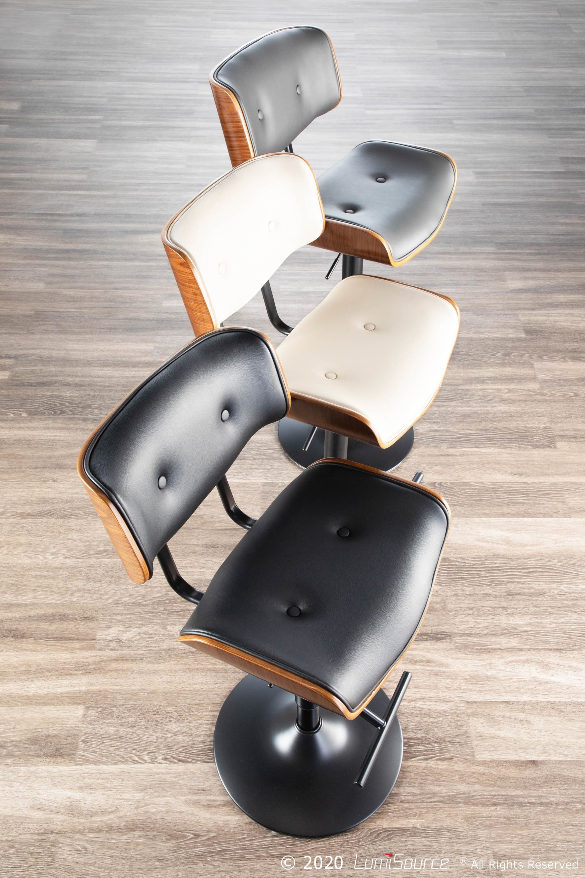 Lombardi Mid-Century Modern Adjustable Barstool with Swivel in Black Metal, Walnut Wood and Black Faux Leather By LumiSource - Set of 2 | Bar Stools | Modishstore - 6