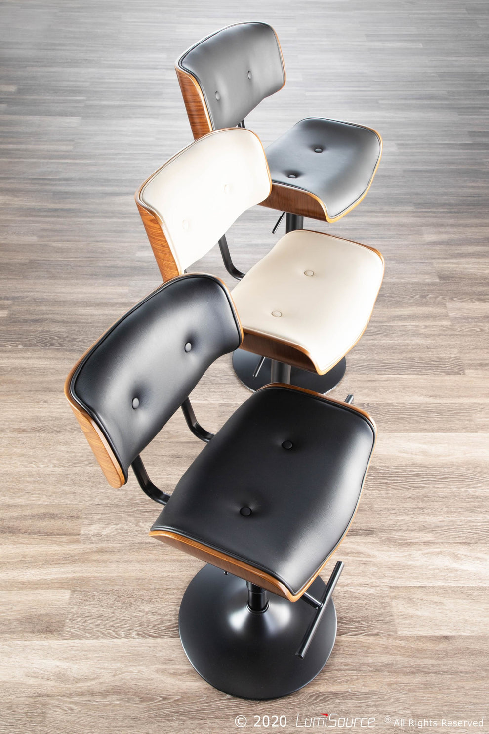Lombardi Mid-Century Modern Adjustable Barstool with Swivel in Black Metal, Walnut Wood and Black Faux Leather By LumiSource - Set of 2 | Bar Stools | Modishstore - 6